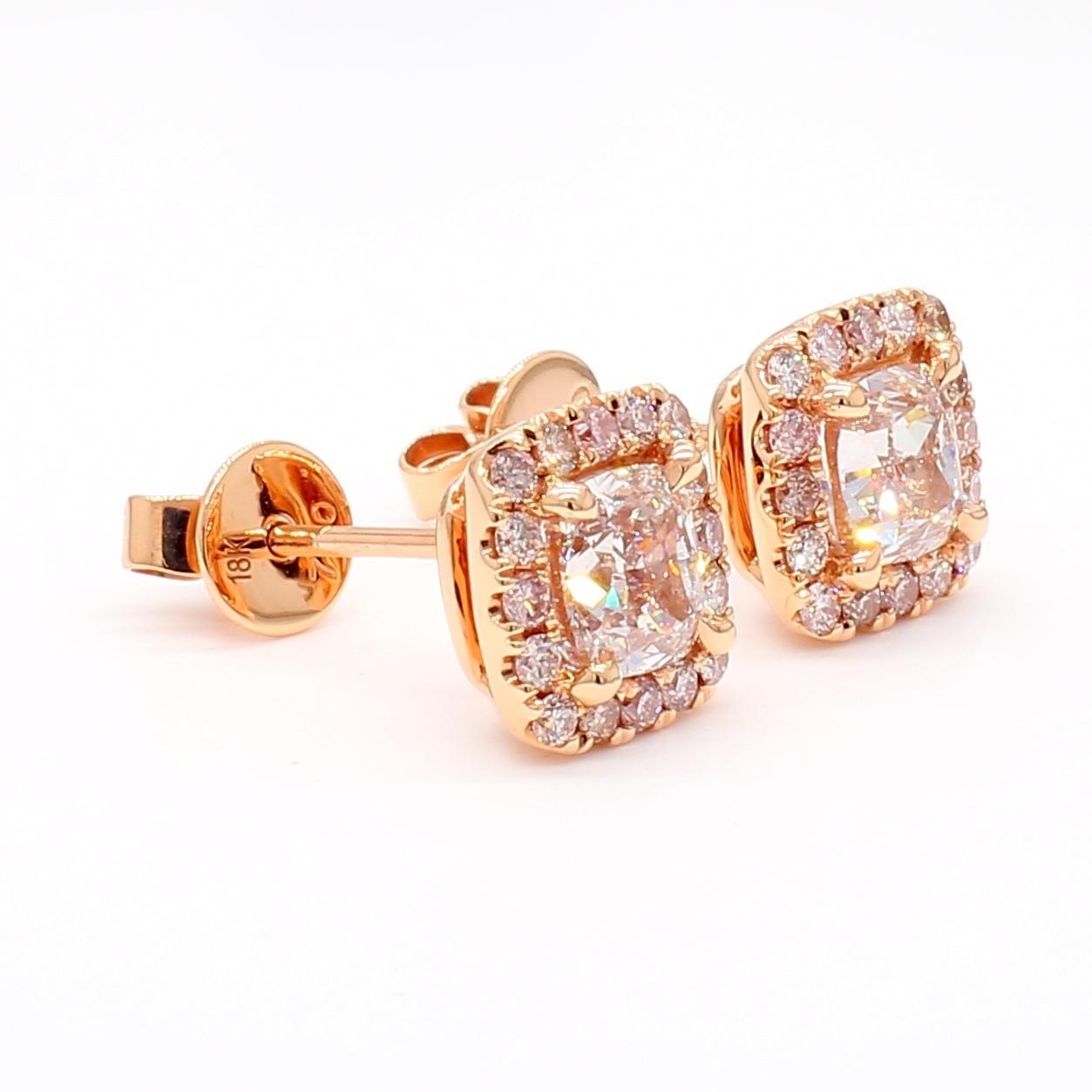 Cushion Cut GIA Certified Natural Pink Cushion Diamond 1.74 Carat TW Gold Stud Earrings For Sale
