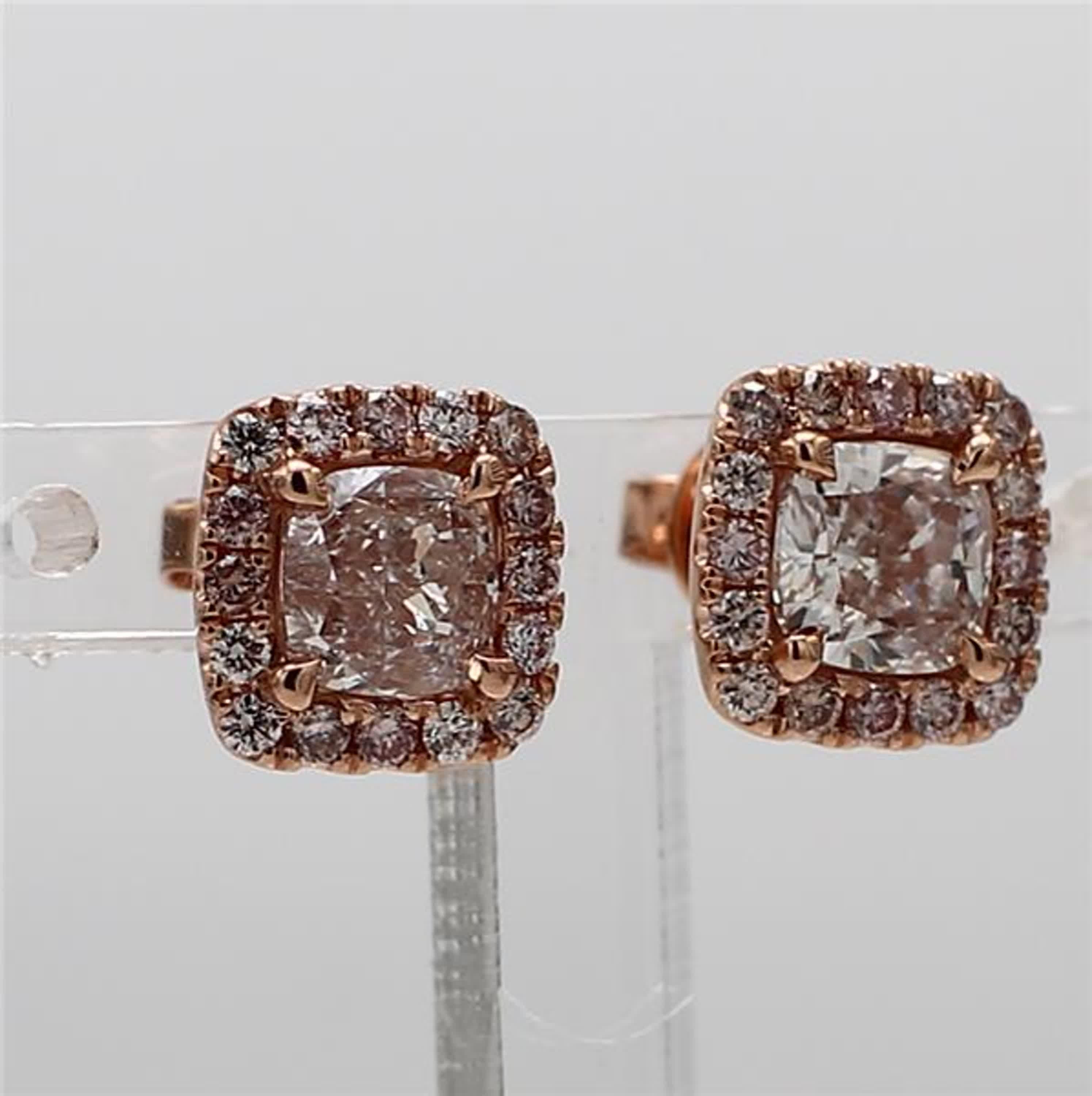 GIA Certified Natural Pink Cushion Diamond 1.74 Carat TW Gold Stud Earrings For Sale 1