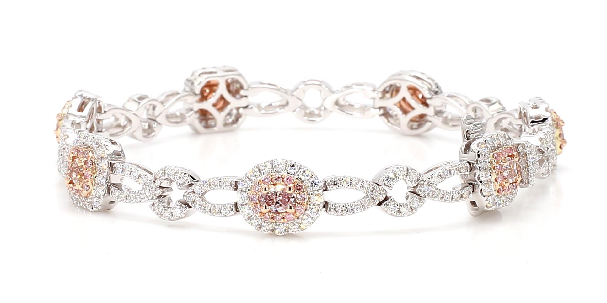Pulsera de tenis de oro con mezcla de diamantes rosas naturales certificados por GIA de 3.52 quilates TW Contemporáneo en venta