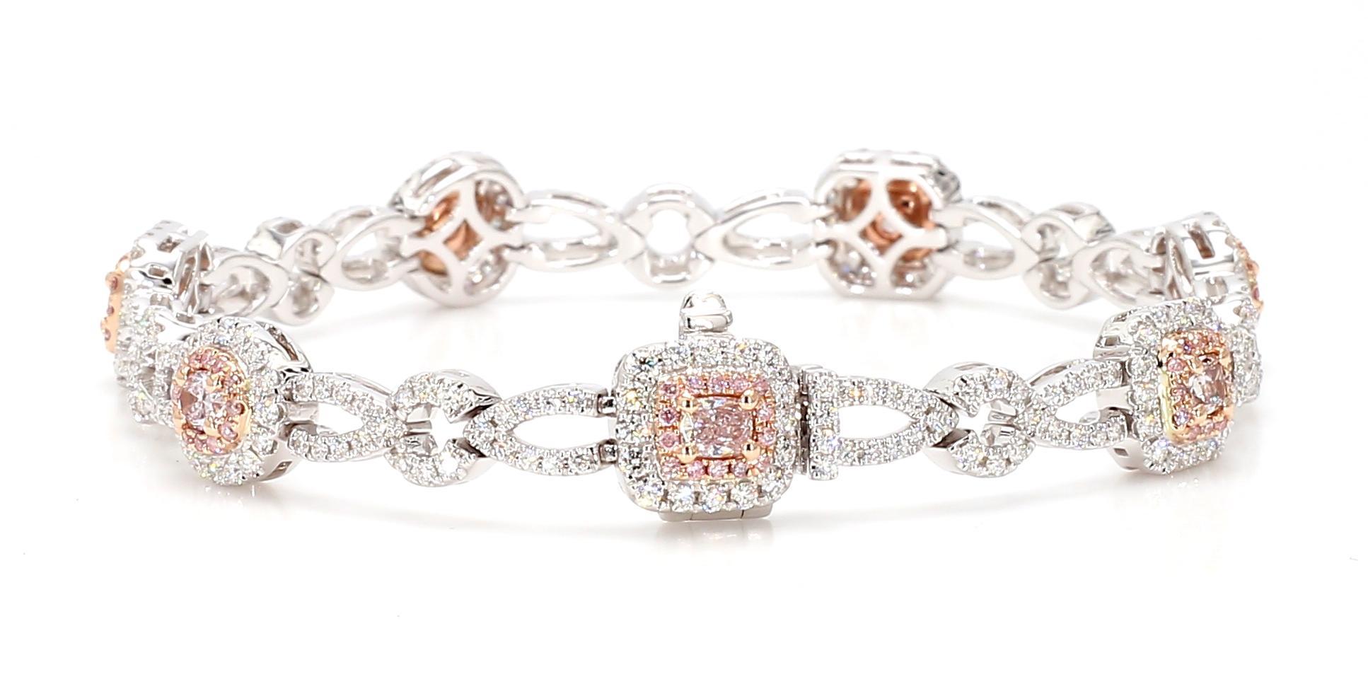 Pulsera de tenis de oro con mezcla de diamantes rosas naturales certificados por GIA de 3.52 quilates TW Corte único en venta