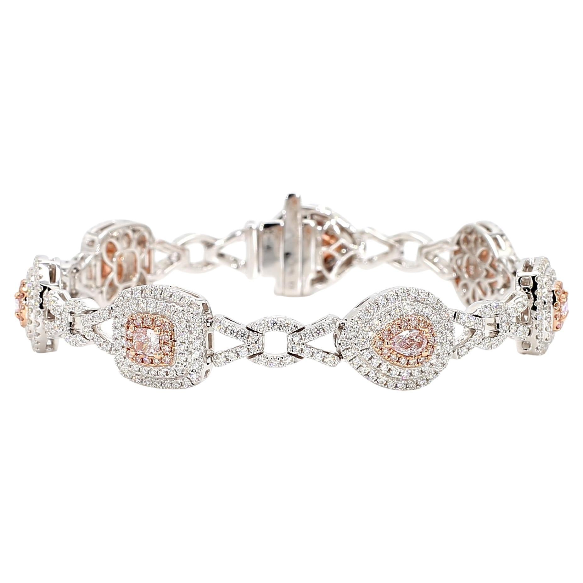 GIA Certified Natural Pink Mix Diamond 4.25 Carat TW Gold Tennis Bracelet en vente