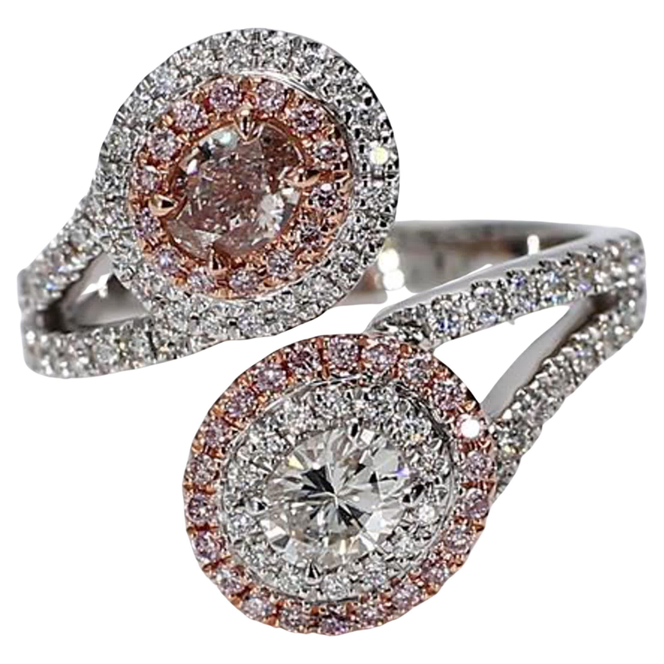 GIA Certified Natural Pink Oval and White Diamond 1.32 Carat TW Gold Ring