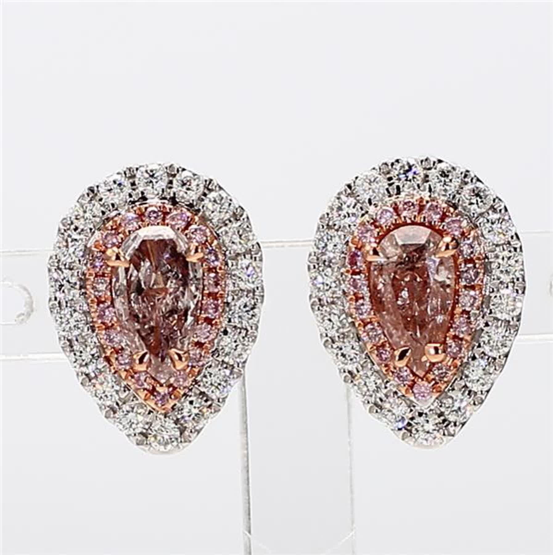 RareGemWorld's classic GIA certified diamond earrings. Mounted in a beautiful 18K Rose and White Gold setting with natural pear cut pink diamonds. The yellow diamonds are surrounded by small round natural white diamond melee and small round natural