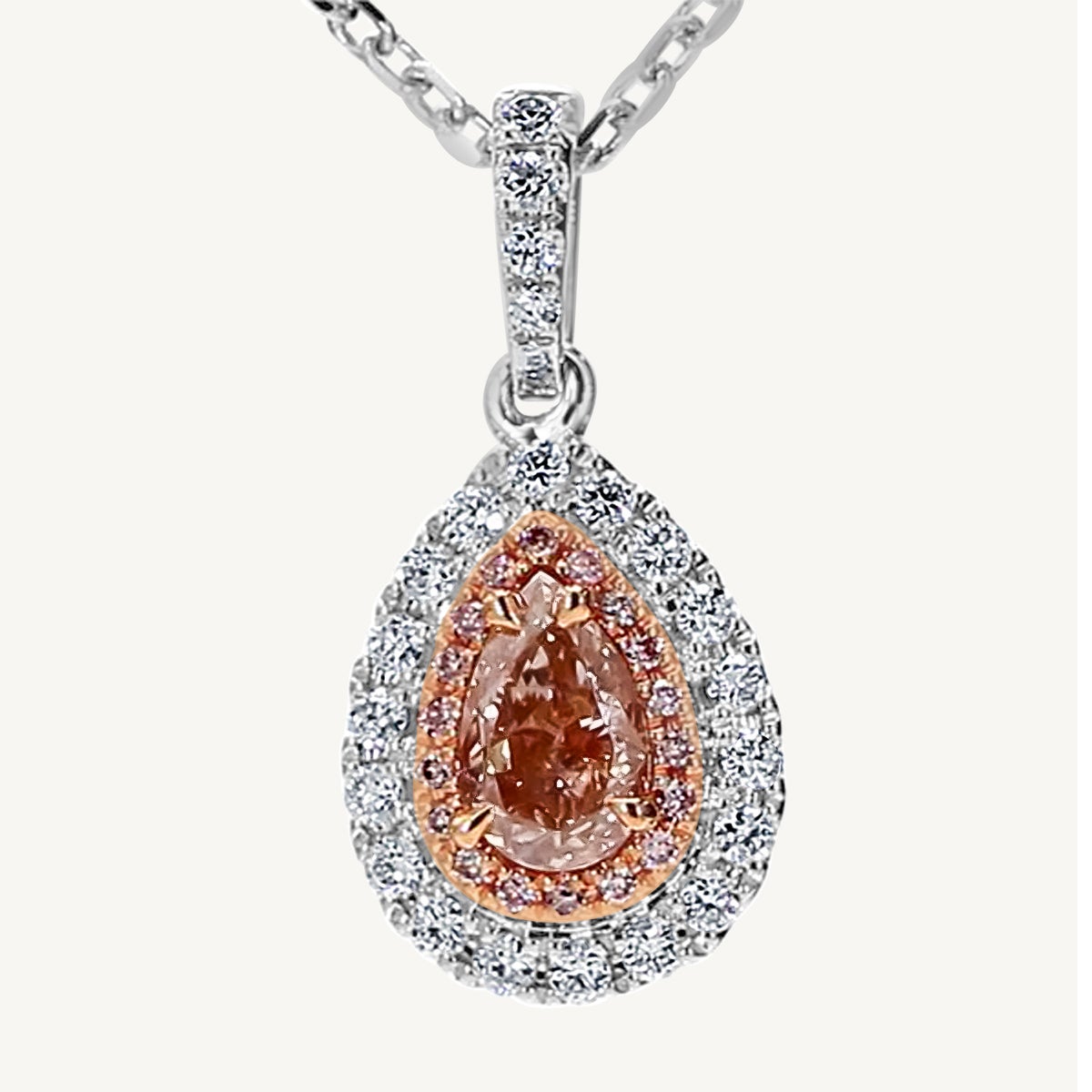 GIA Certified Natural Pink Pear and White Diamond .81 Carat TW Gold Drop Pendant For Sale