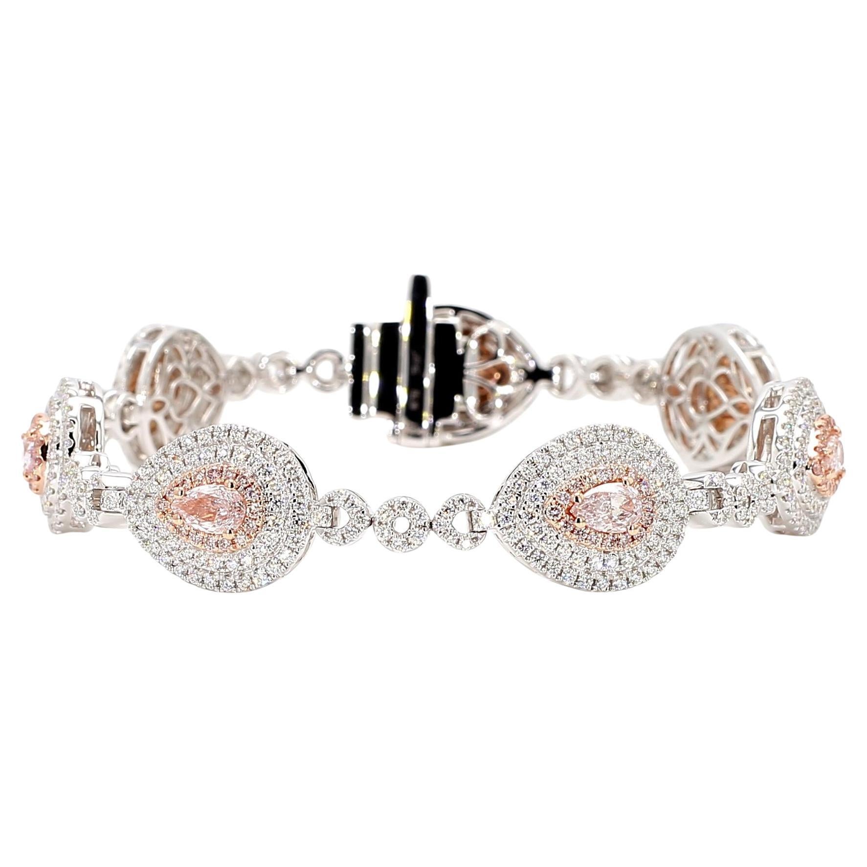 GIA Certified Natural Pink Pear Diamond 4.62 Carat TW Gold Tennis Bracelet