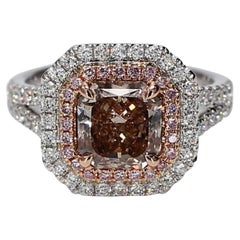 GIA Certified Natural Pink Radiant and White Diamond 2.71 Carat TW Gold Ring