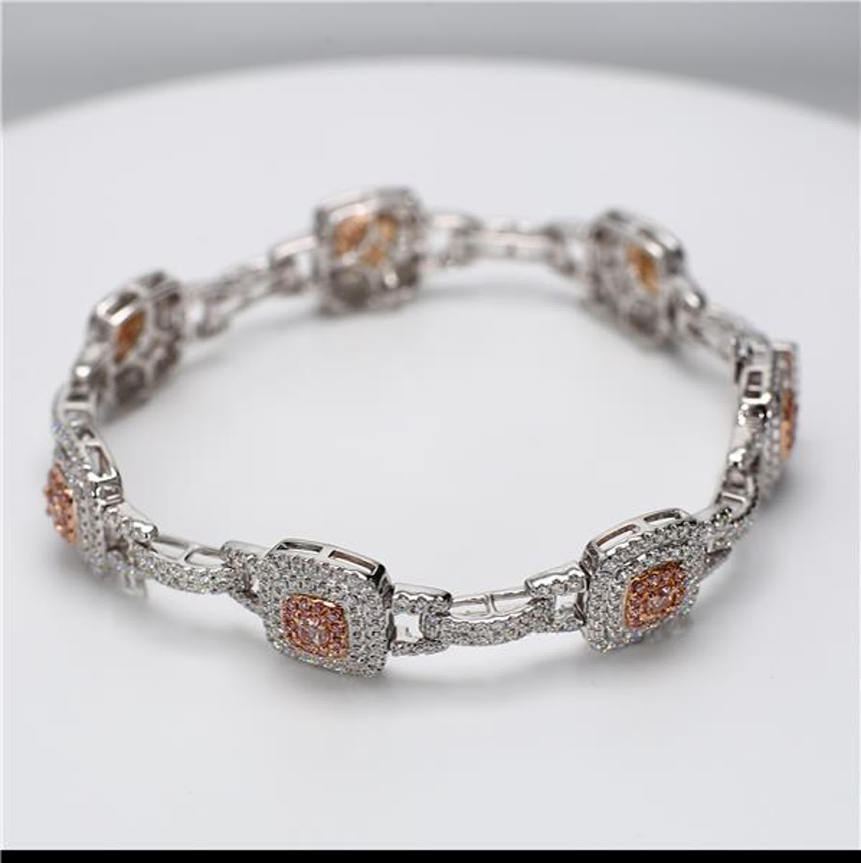 Contemporary GIA Certified Natural Pink Radiant and White Diamond 3.89 Carat TW Gold Bracelet For Sale