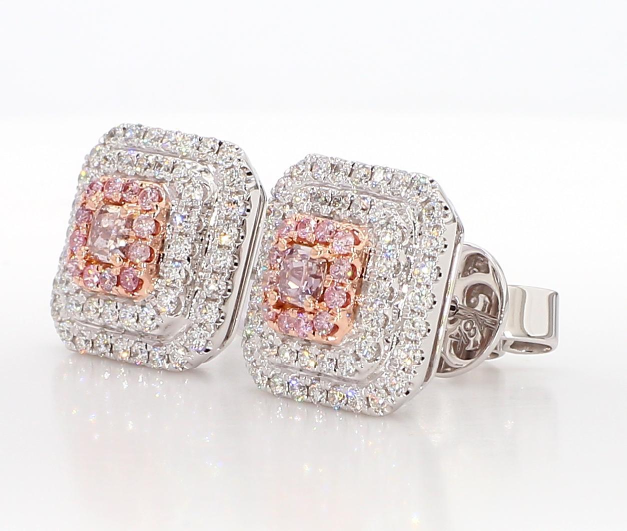 Contemporary GIA Certified Natural Pink Radiant Diamond 1.16 Carat TW Gold Stud Earrings For Sale
