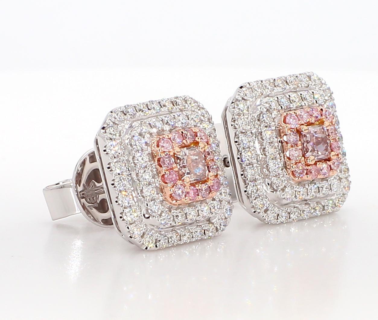 GIA Certified Natural Pink Radiant Diamond 1.16 Carat TW Gold Stud Earrings For Sale 2