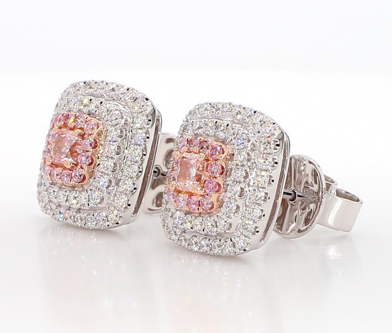 Contemporary GIA Certified Natural Pink Radiant Diamond 1.17 Carat TW Gold Stud Earrings For Sale