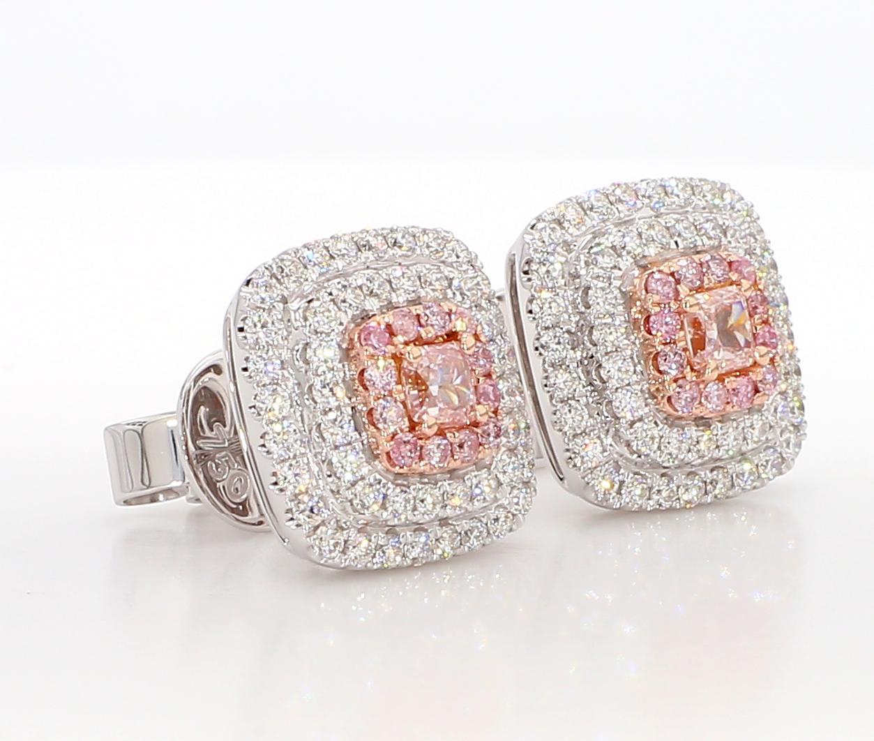 GIA Certified Natural Pink Radiant Diamond 1.17 Carat TW Gold Stud Earrings For Sale 3
