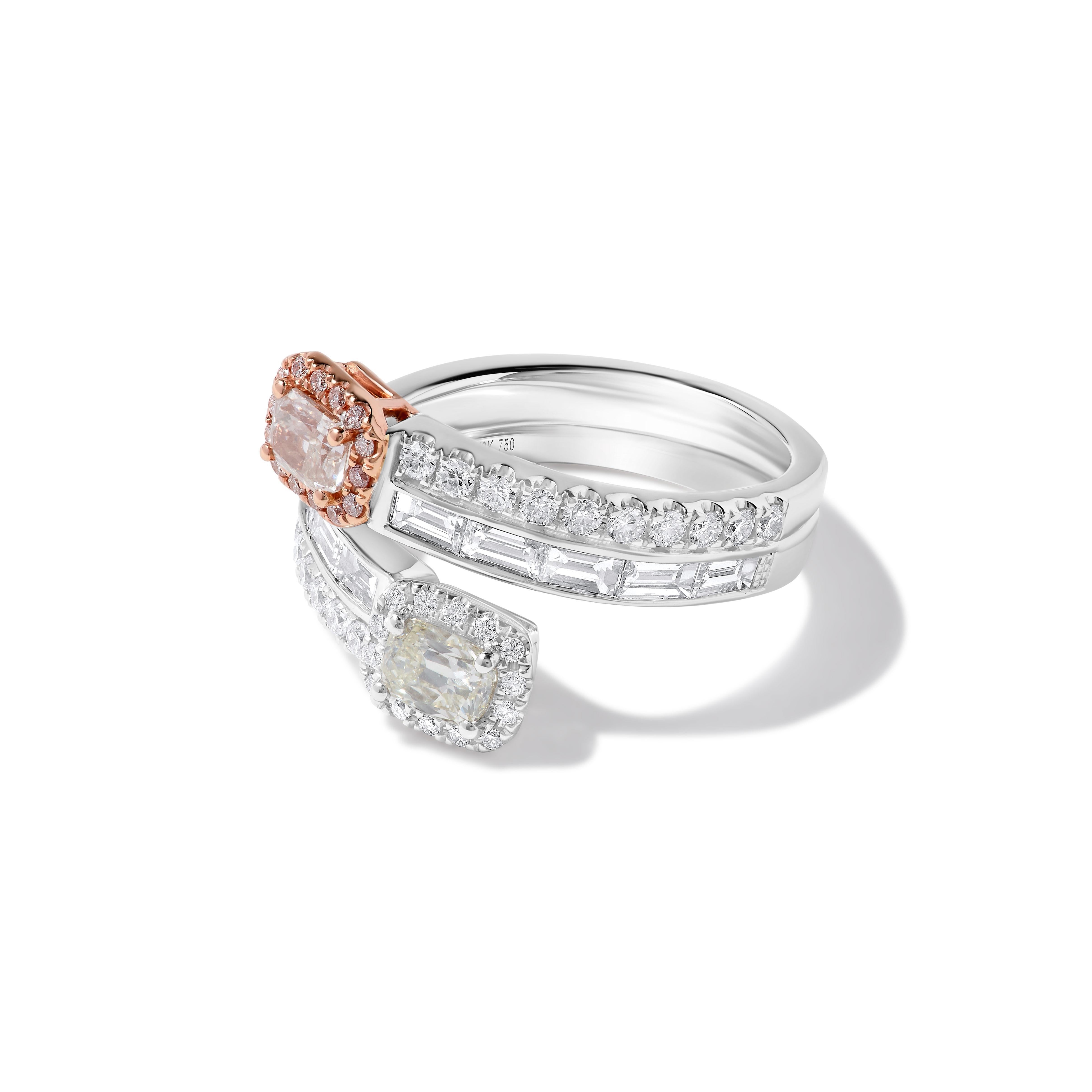 RareGemWorld's beautiful GIA certified diamond ring. Mounted in a beautiful 18K Rose and White Gold setting with a natural radiant cut pink diamond complimented by a natural cushion cut white diamond. The diamonds are surrounded by round natural