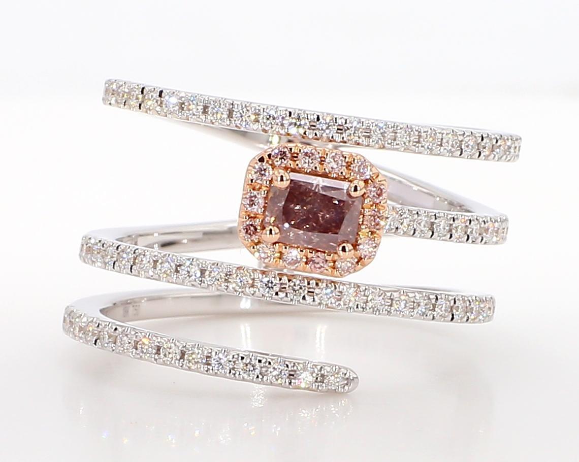 Contemporary GIA Certified Natural Pink Radiant Diamond .70 Carat TW Gold Cocktail Ring For Sale