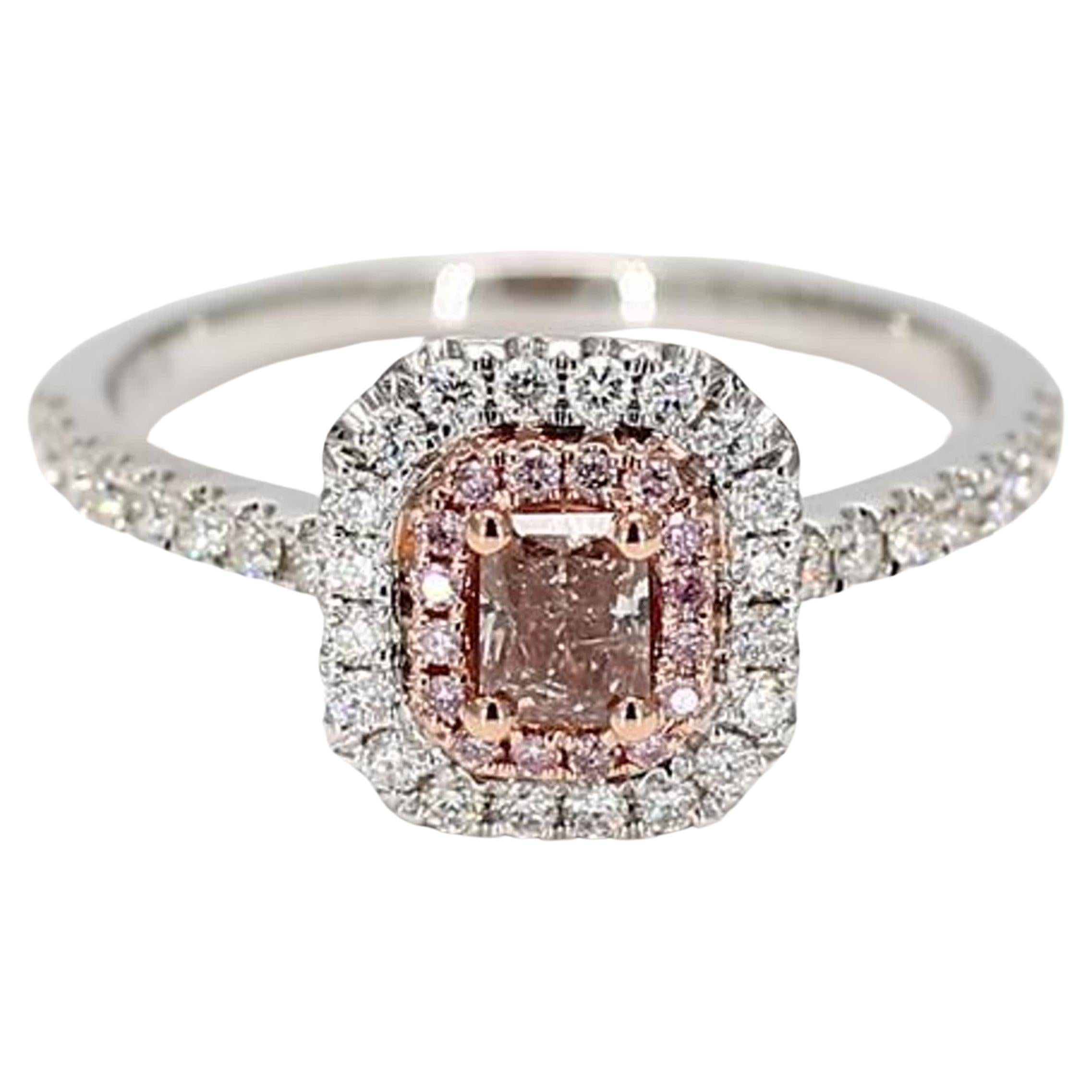 GIA Certified Natural Pink Radiant Diamond .73 Carat TW Gold Cocktail Ring For Sale