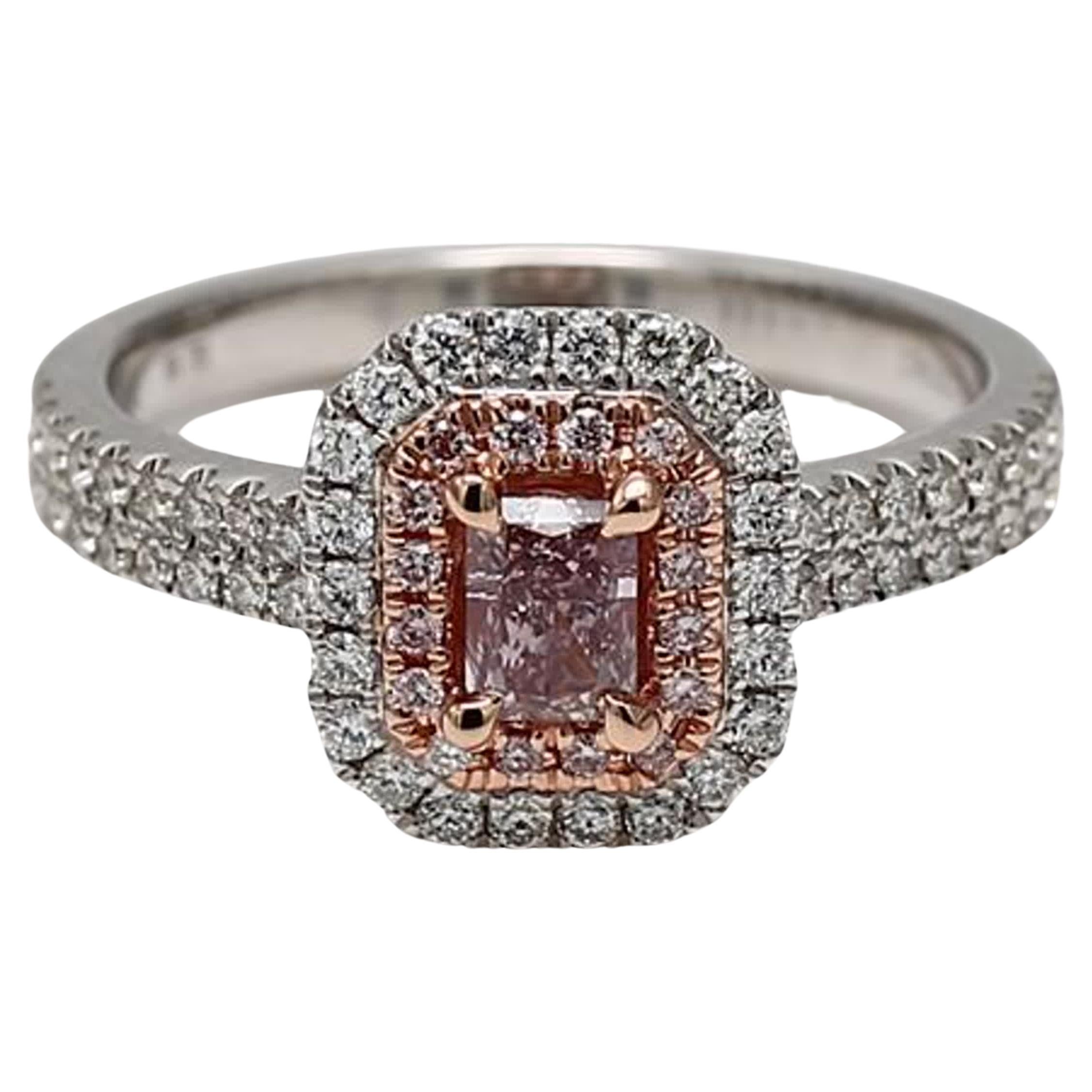 GIA Certified Natural Pink Radiant Diamond .77 Carat TW Gold Cocktail Ring For Sale