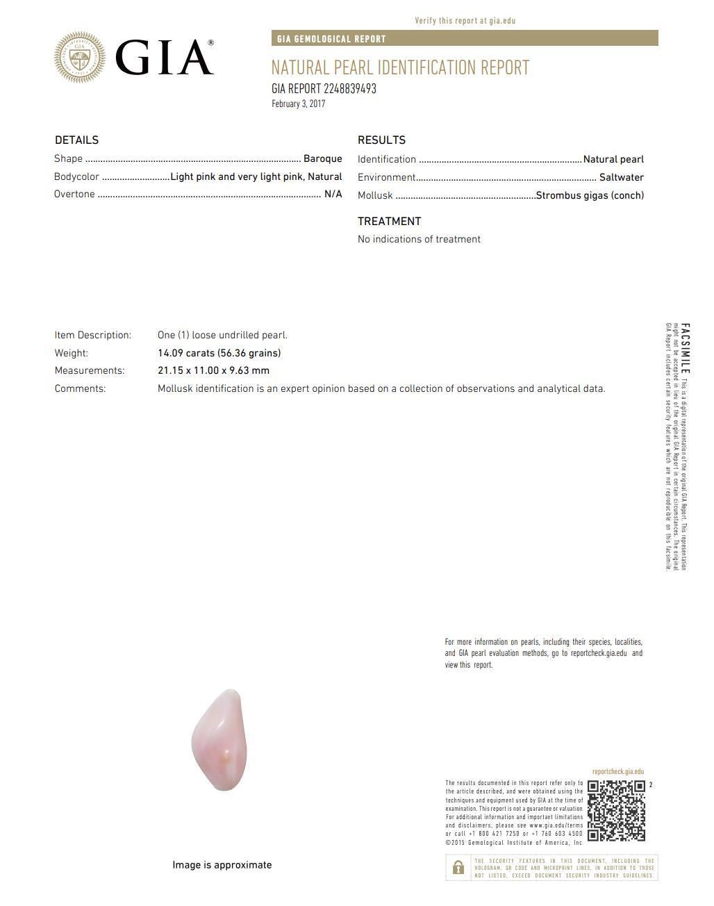 GIA certified natural pink baroque shaped saltwater conch pearl necklace. Set in platinum with stunning wire mounting and milgrain finish to form a heart motif pendant. Featuring 3 baguette cut, 1 marquise, and  17 round cut diamonds.