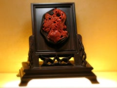 GIA Certified Natural Red AKA Coral Dragon Carving on Hand Carved Wooden Stand