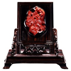 GIA Certified Natural Red AKA Coral Dragon Carving on Hand Carved Wooden Stand