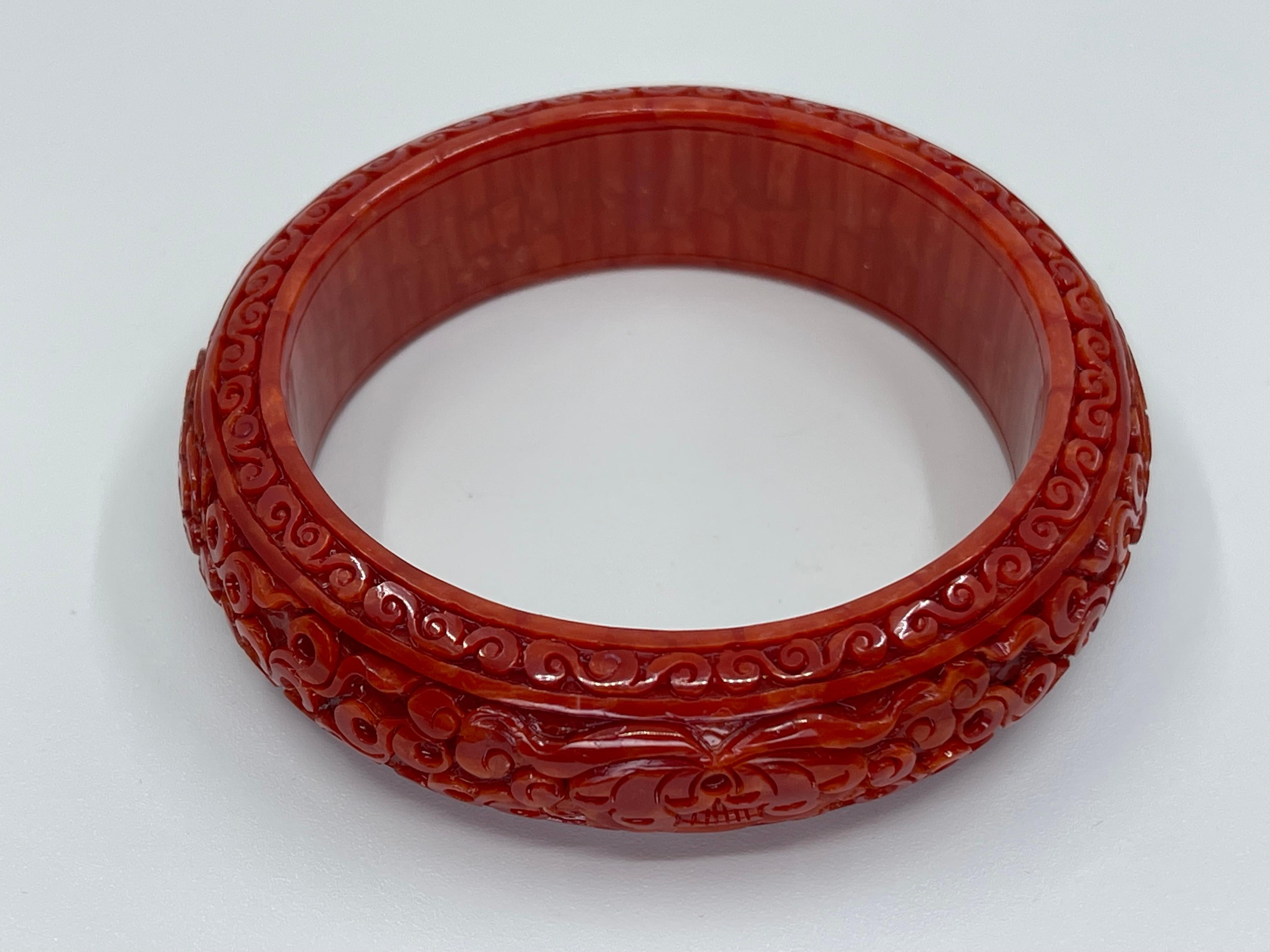 GIA Certified Natural Red Coral Bangle Bracelet, Exceptional Carving 1
