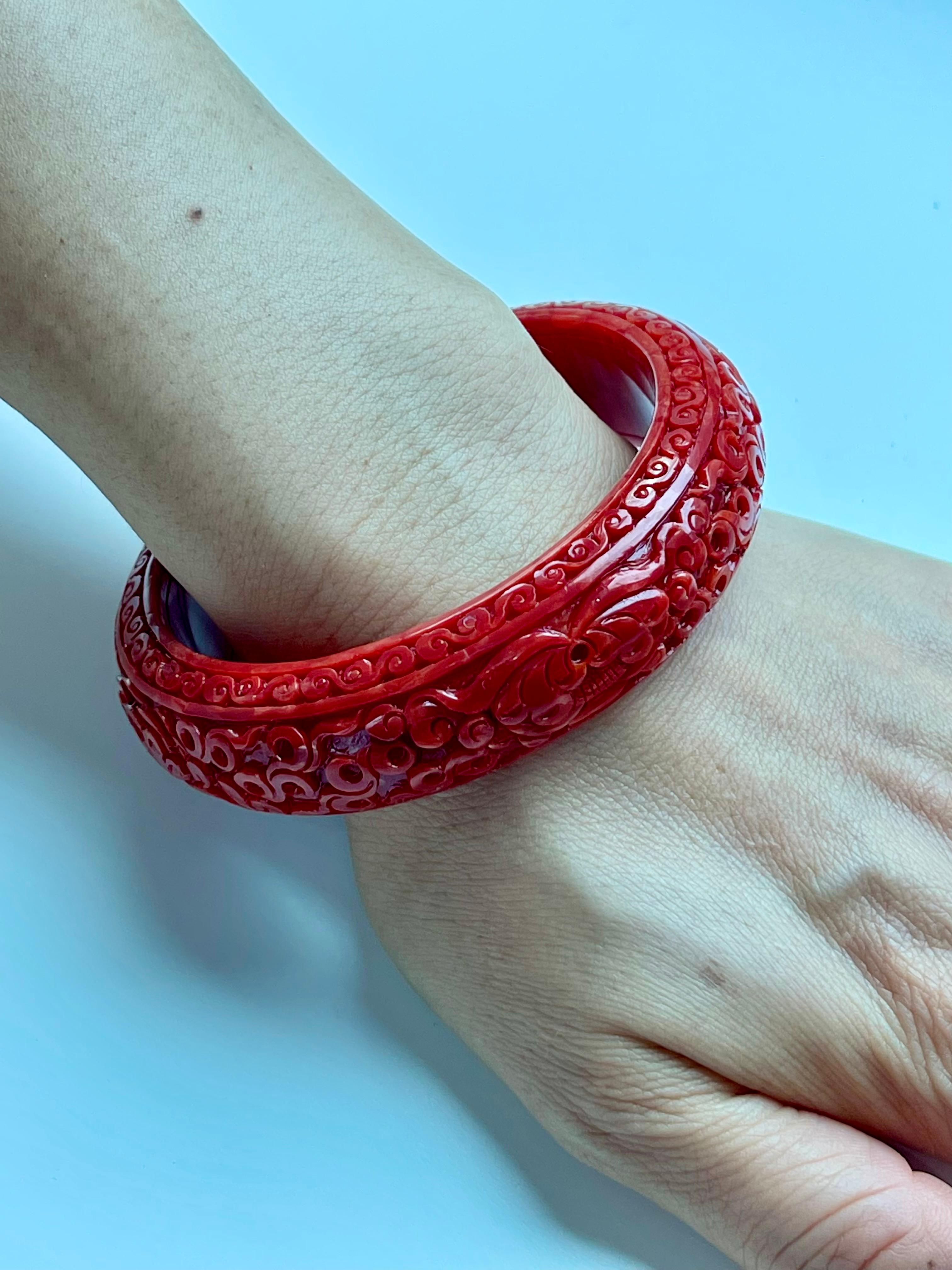 GIA Certified Natural Red Coral Bangle Bracelet, Exceptional Carving 2