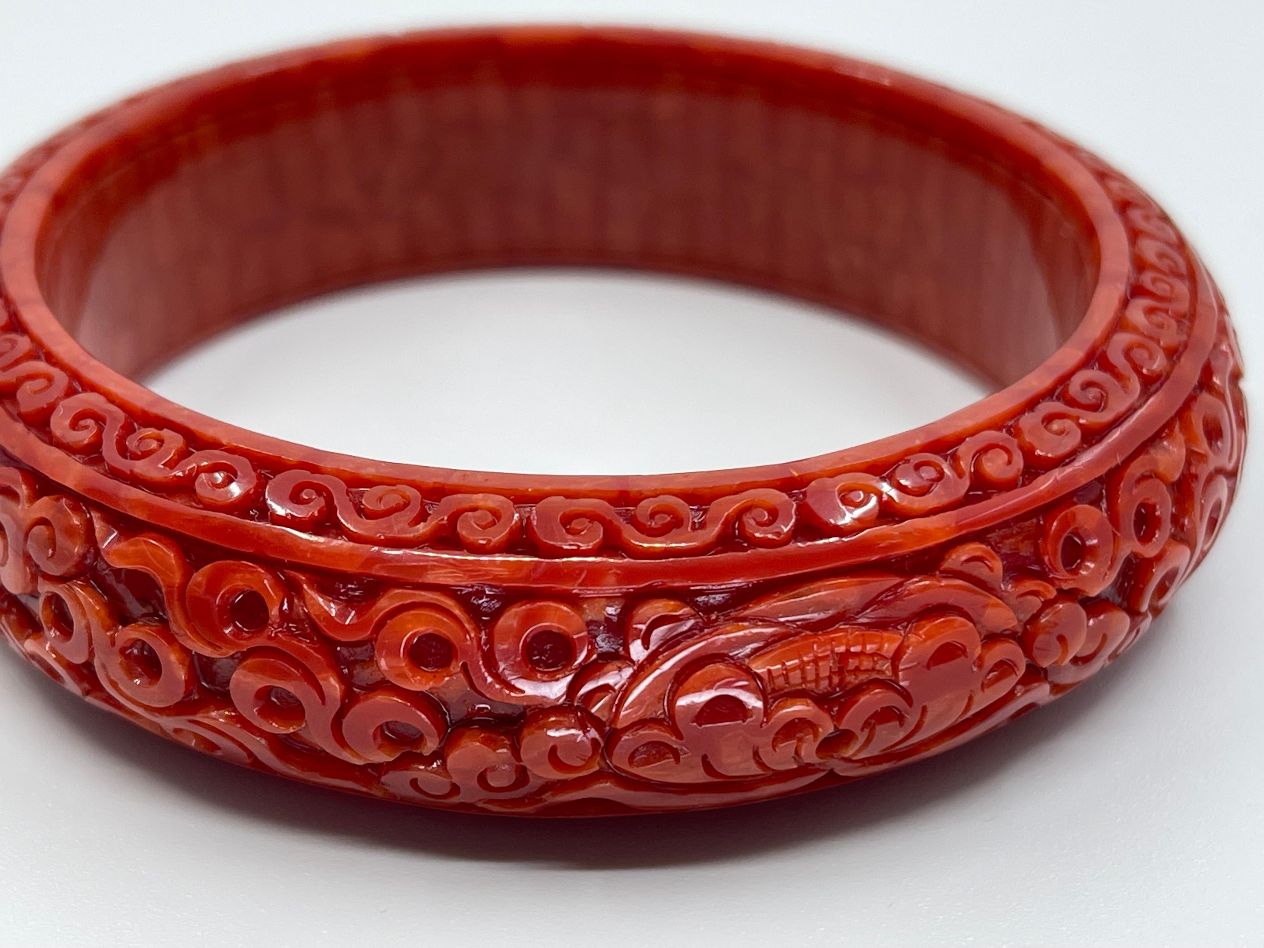 GIA Certified Natural Red Coral Bangle Bracelet, Exceptional Carving 3