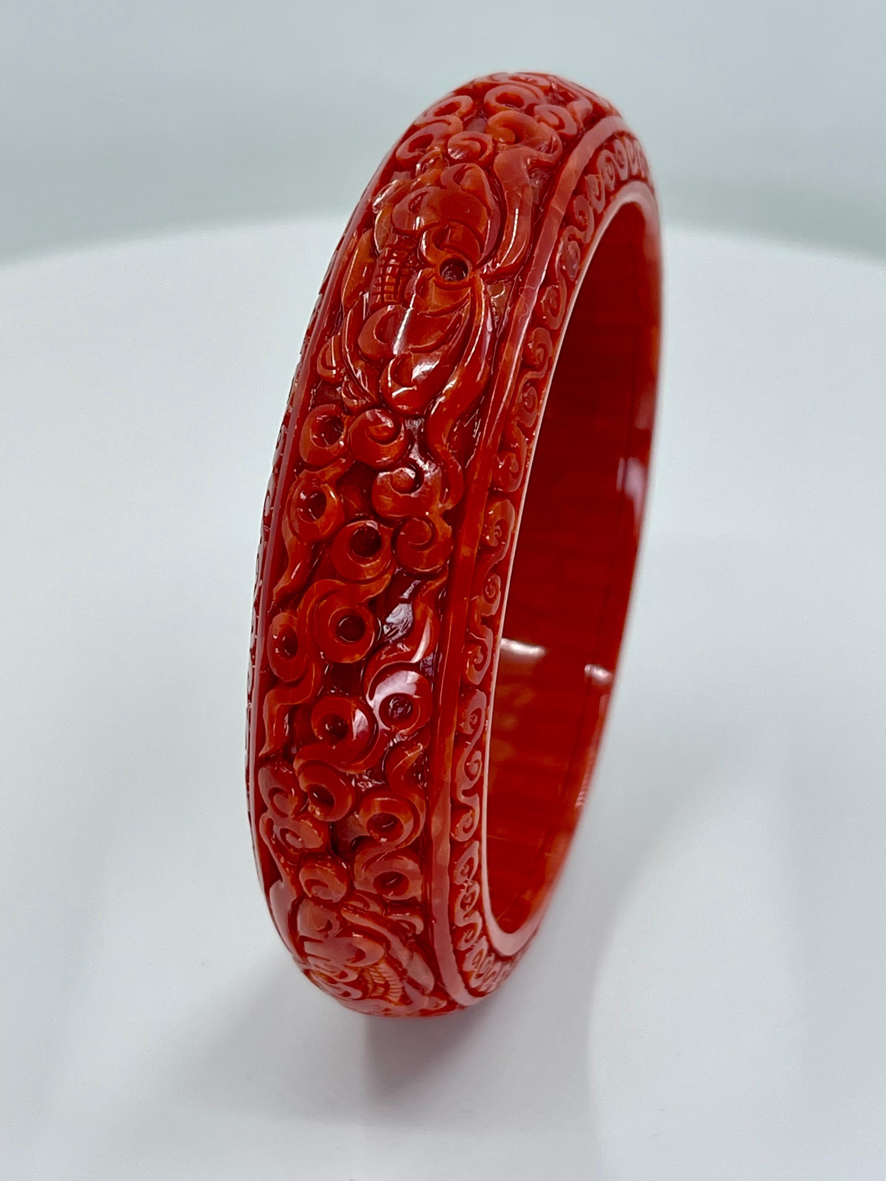 GIA Certified Natural Red Coral Bangle Bracelet, Exceptional Carving 4