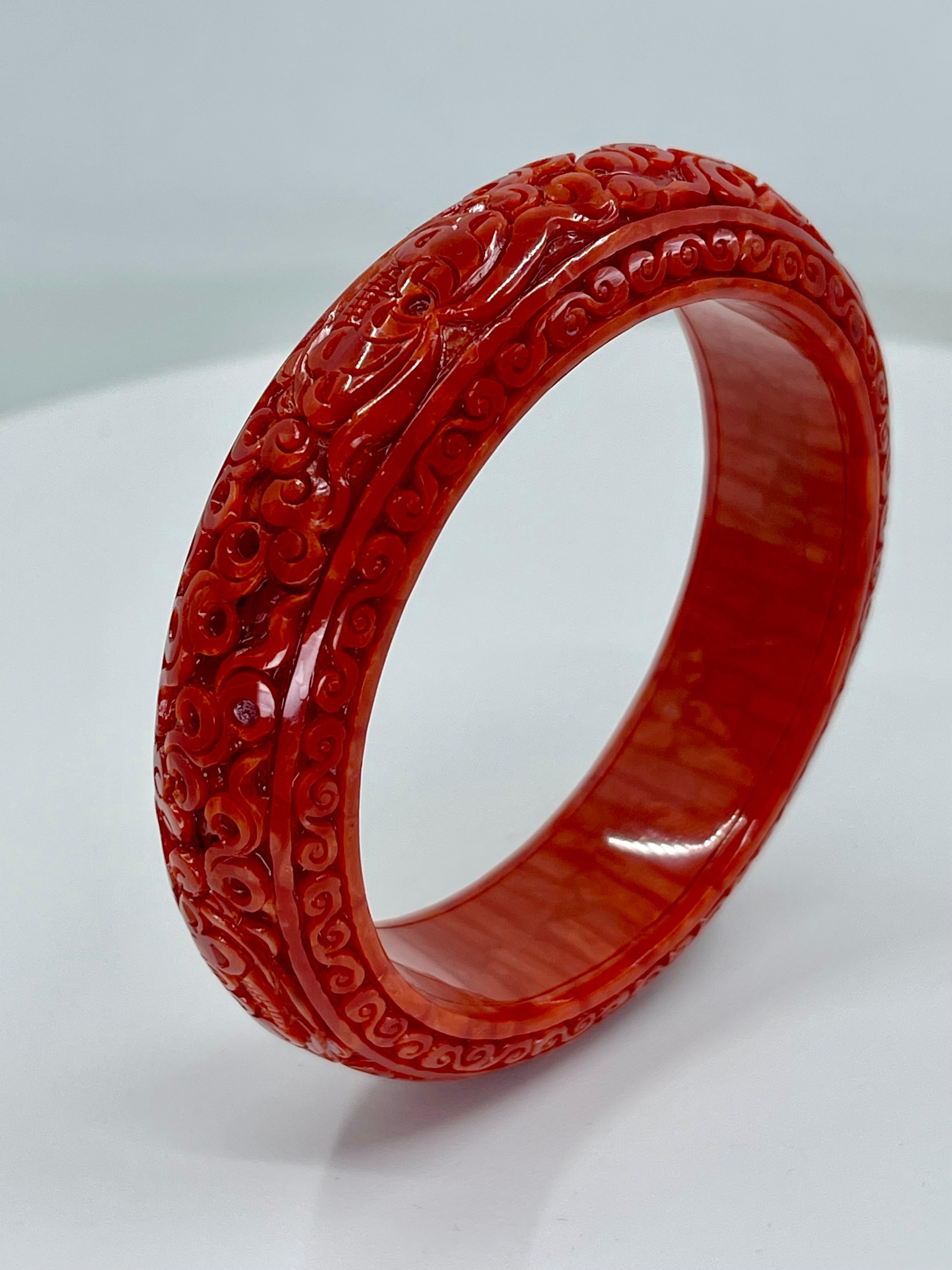 GIA Certified Natural Red Coral Bangle Bracelet, Exceptional Carving 5