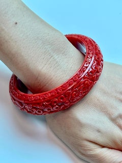 GIA Certified Natural Red Coral Bangle Bracelet, Exceptional Carving