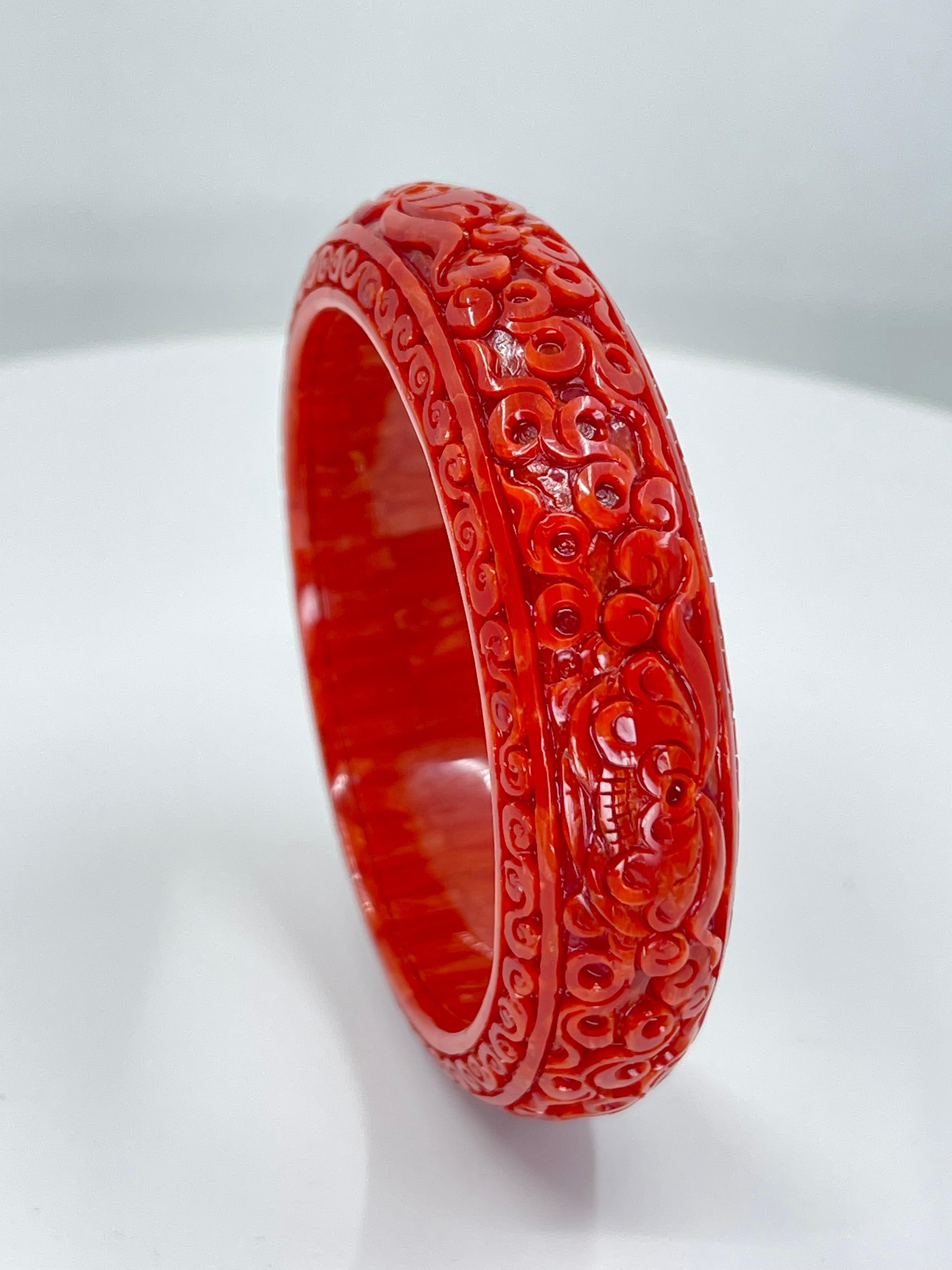 Contemporary GIA Certified Natural Red Coral Bangle Bracelet, Exceptional Carving