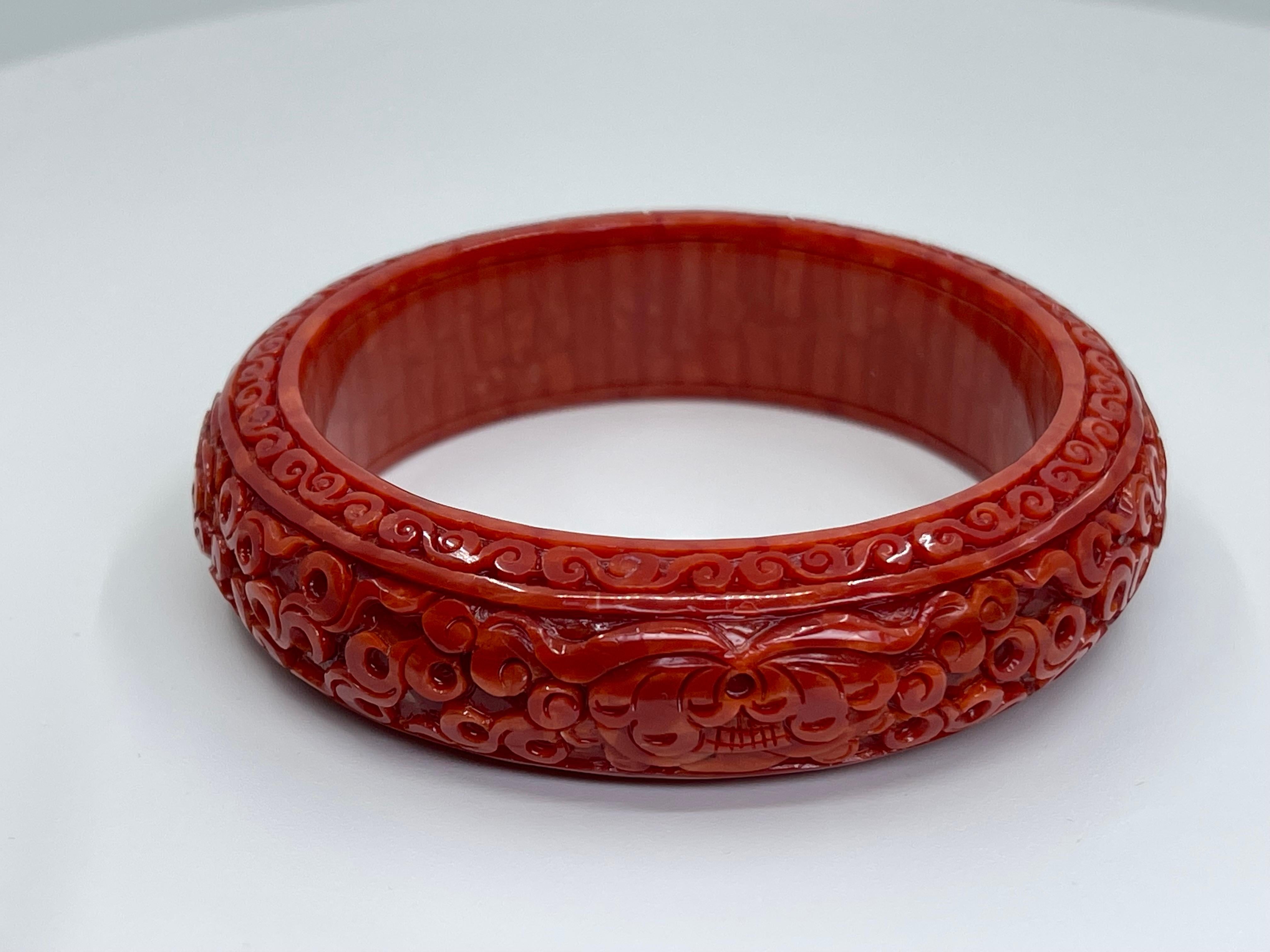 Rough Cut GIA Certified Natural Red Coral Bangle Bracelet, Exceptional Carving