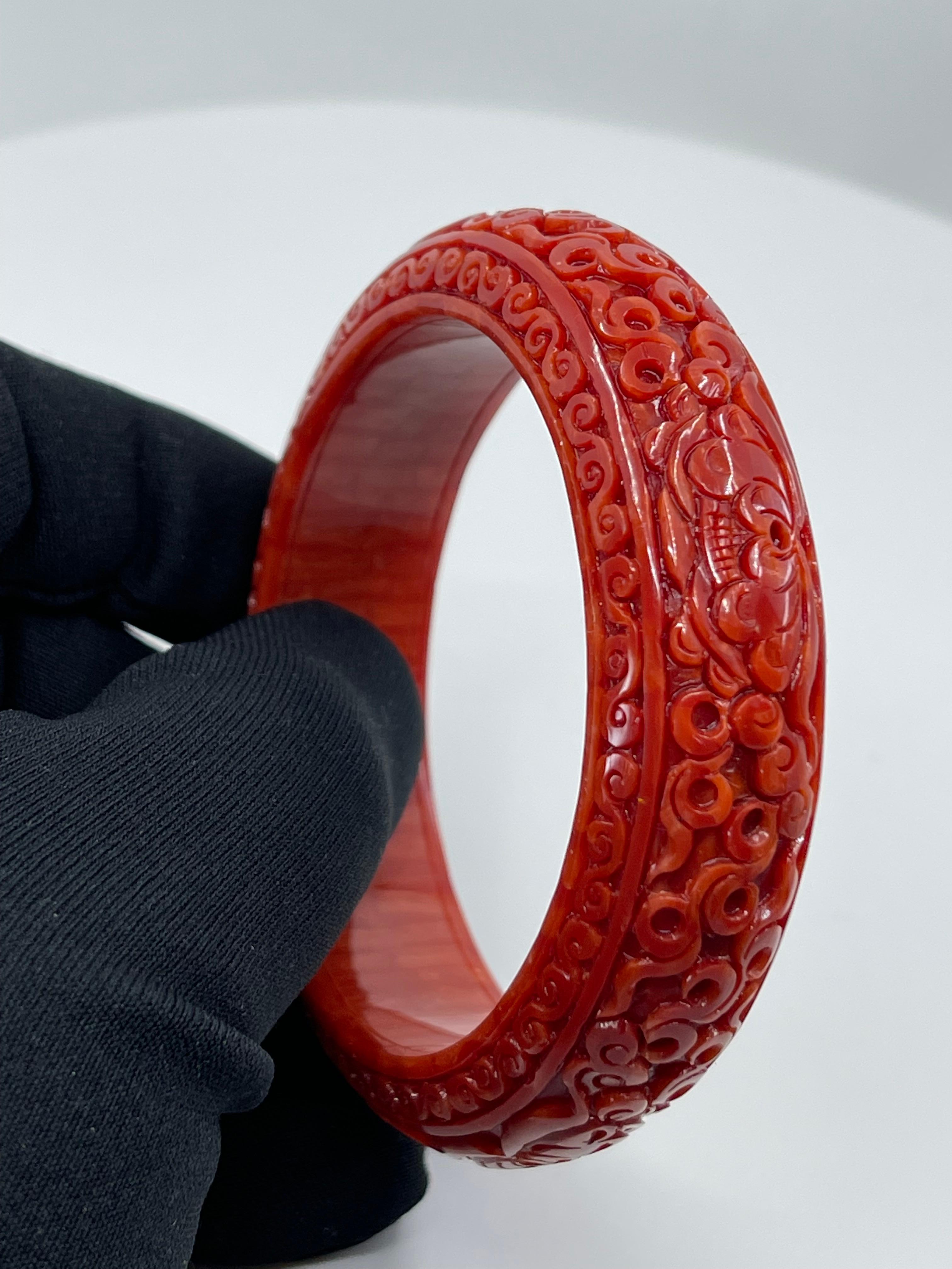 GIA Certified Natural Red Coral Bangle Bracelet, Exceptional Carving In New Condition In Hong Kong, HK