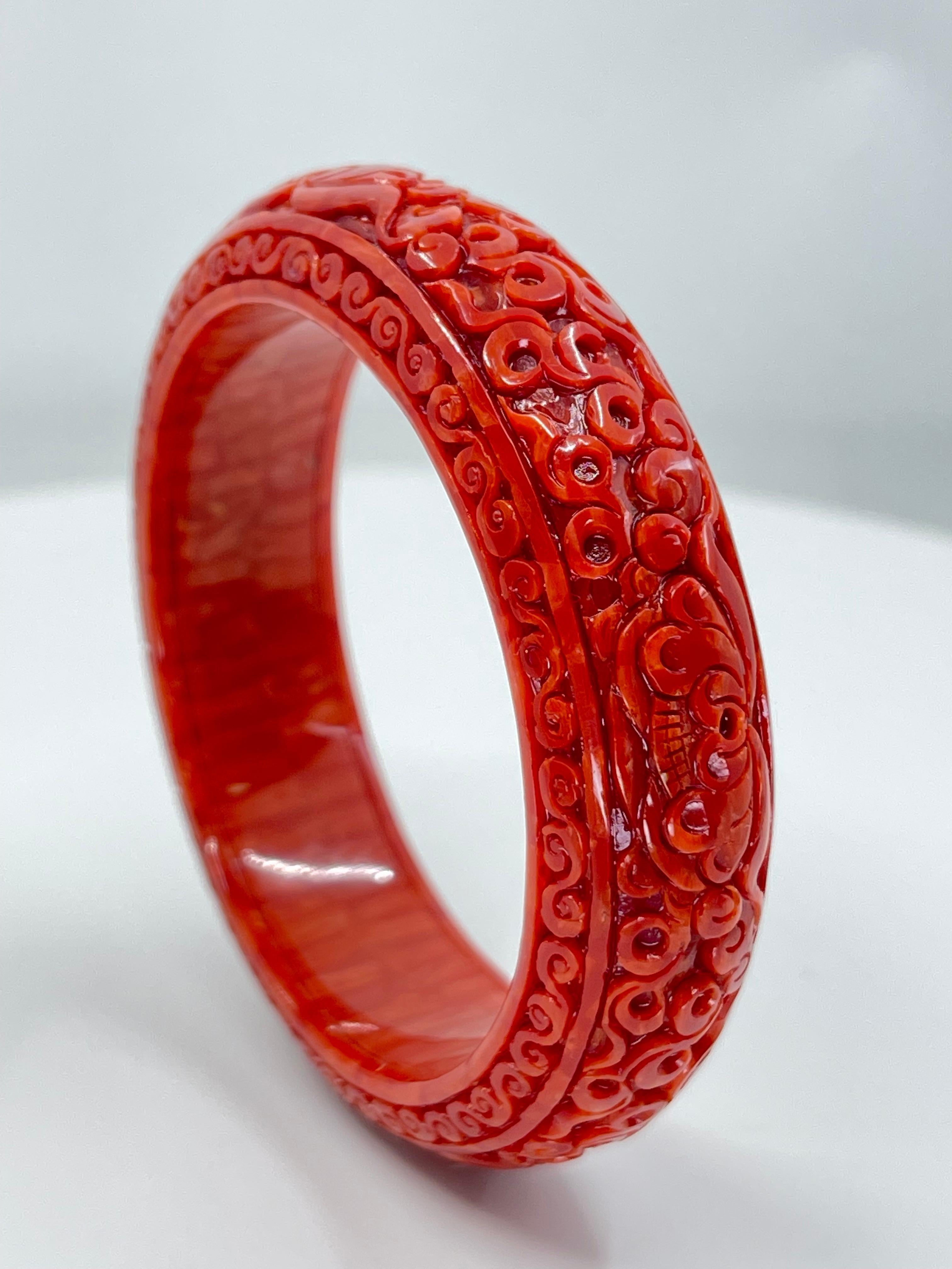 Women's or Men's GIA Certified Natural Red Coral Bangle Bracelet, Exceptional Carving