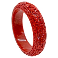 GIA Certified Natural Red Coral Bangle Bracelet, Exceptional Carving