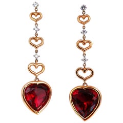 Pendants d'oreilles en diamants et tourmaline en forme de cœur rouge naturelle certifiée GIA