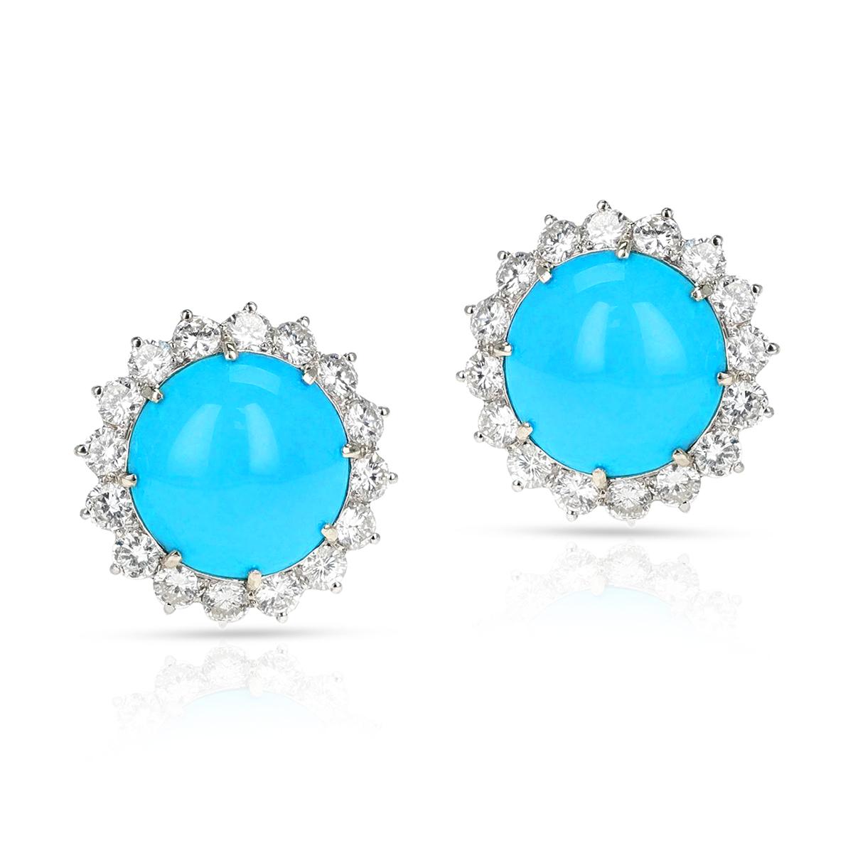 A pair of GIA Certified Natural Round Turquoise and Diamond Earrings made in 18k White Gold. The total diamond weight is appx. 3 carats. The total weight of the earrings is 7.65 grams. The length is 0.60 inches. 