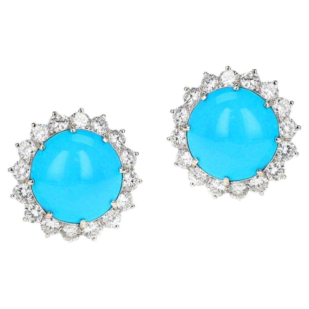 GIA Certified Natural Round Turquoise and Diamond Earrings For Sale