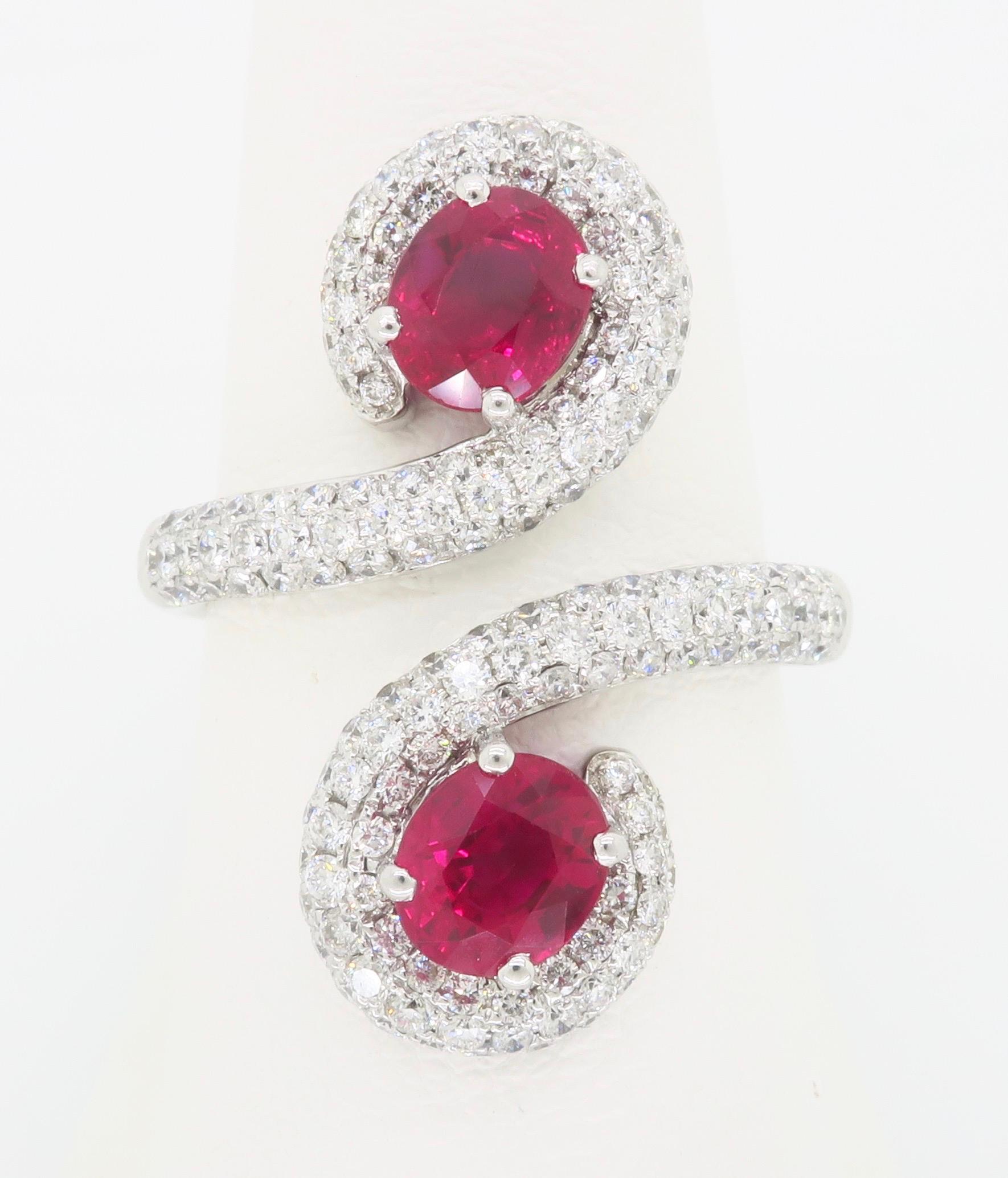 GIA certified natural Ruby & Diamond bypass ring made in 18k white gold. 

Gemstone: Natural Ruby & Diamond
Ruby Carat Weight: Approximately .95ct & .97ct 
Total Ruby Weight: Approximately 1.92
GIA Certification number: 2225600166
Diamond Carat