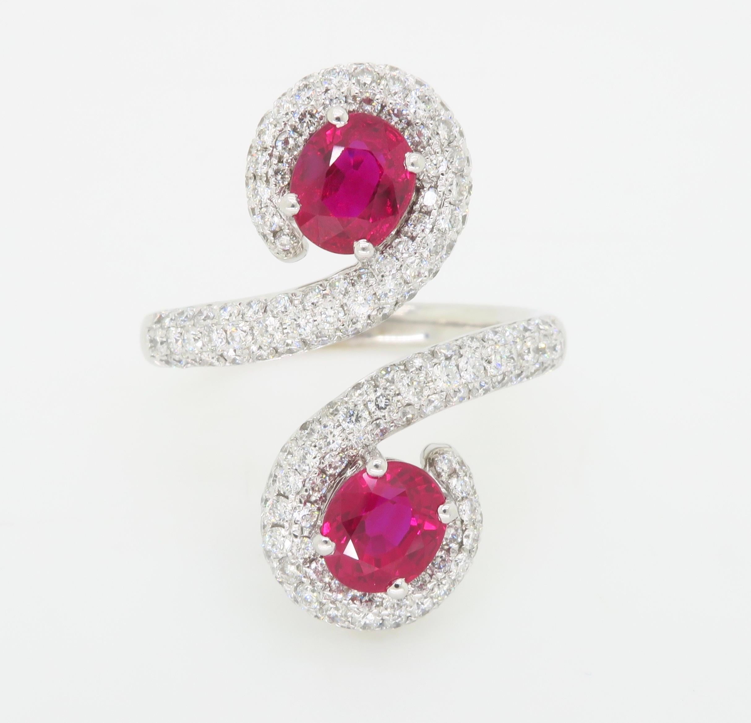 GIA Certified Natural Ruby & Diamond Bypass Ring in 18k For Sale 2