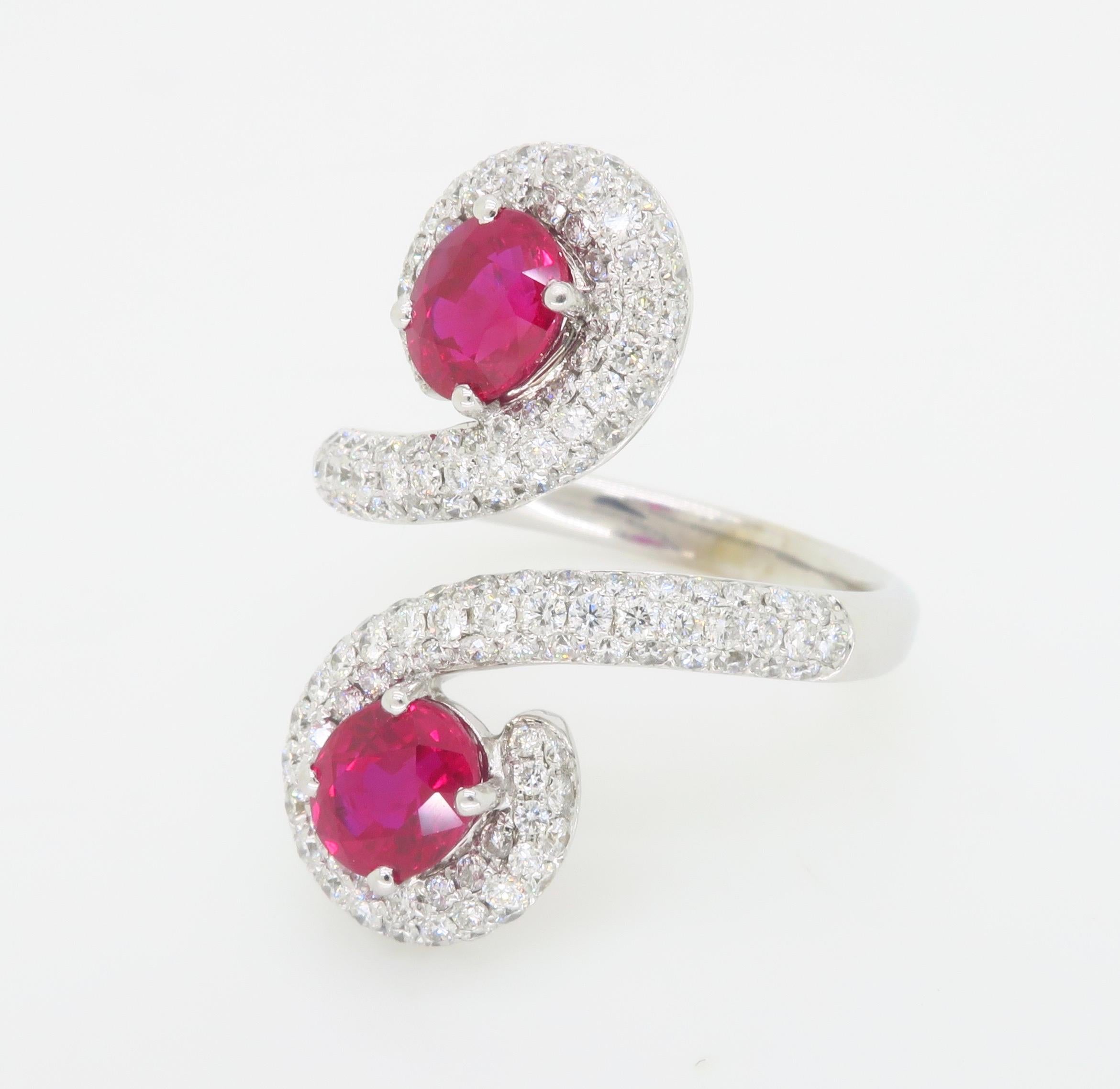 GIA Certified Natural Ruby & Diamond Bypass Ring in 18k For Sale 3