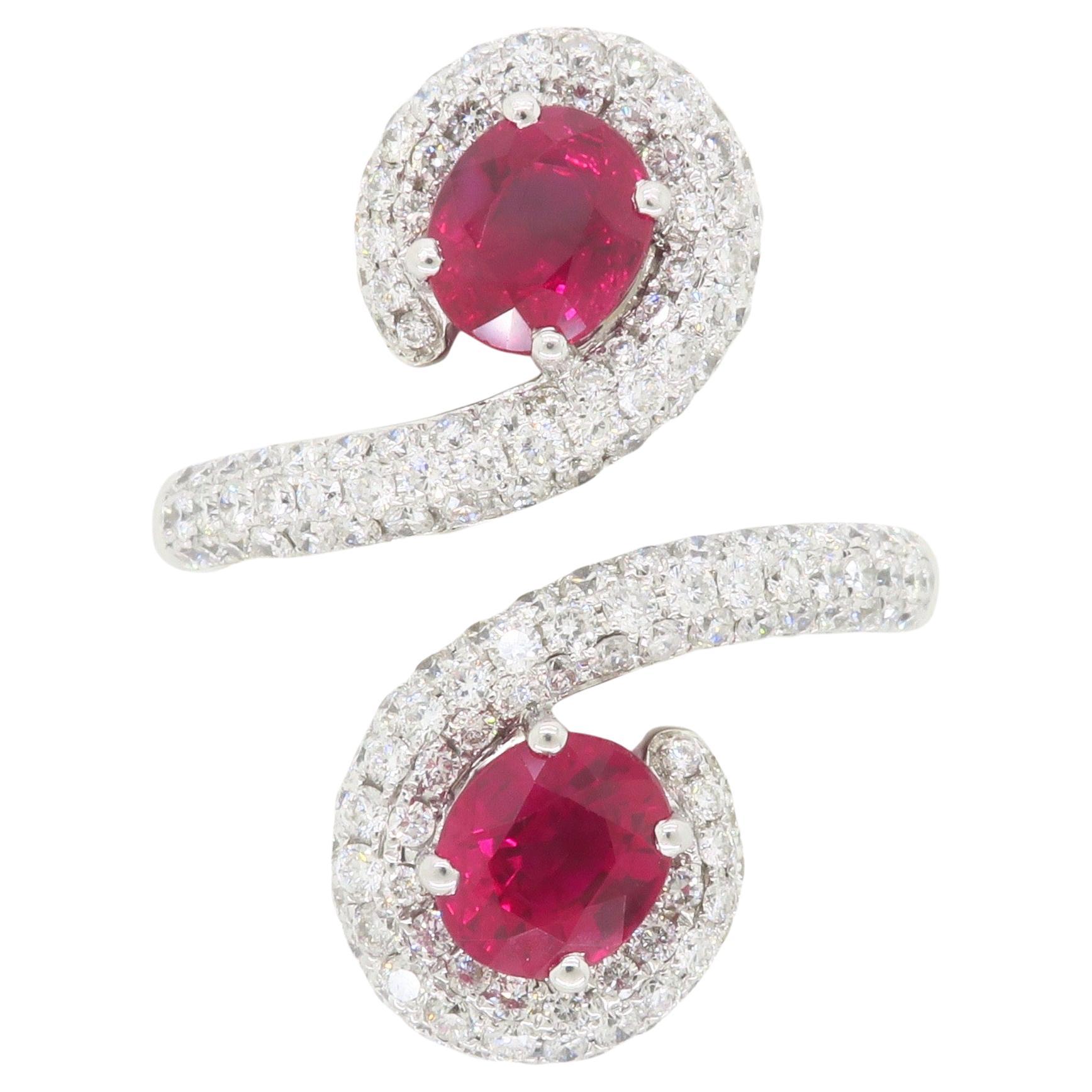 GIA Certified Natural Ruby & Diamond Bypass Ring in 18k For Sale