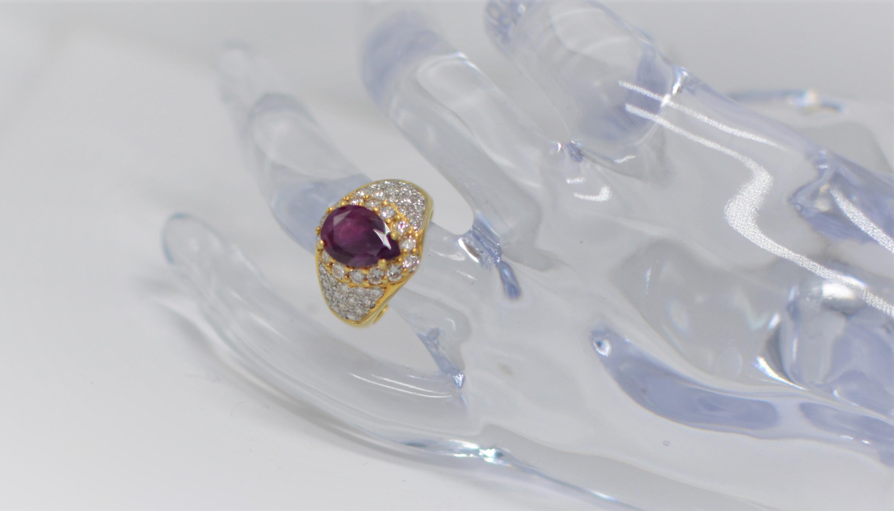 GIA Certified Natural Ruby Ring & Diamonds 18 karat Yellow Gold Pear Shape Ruby For Sale 3