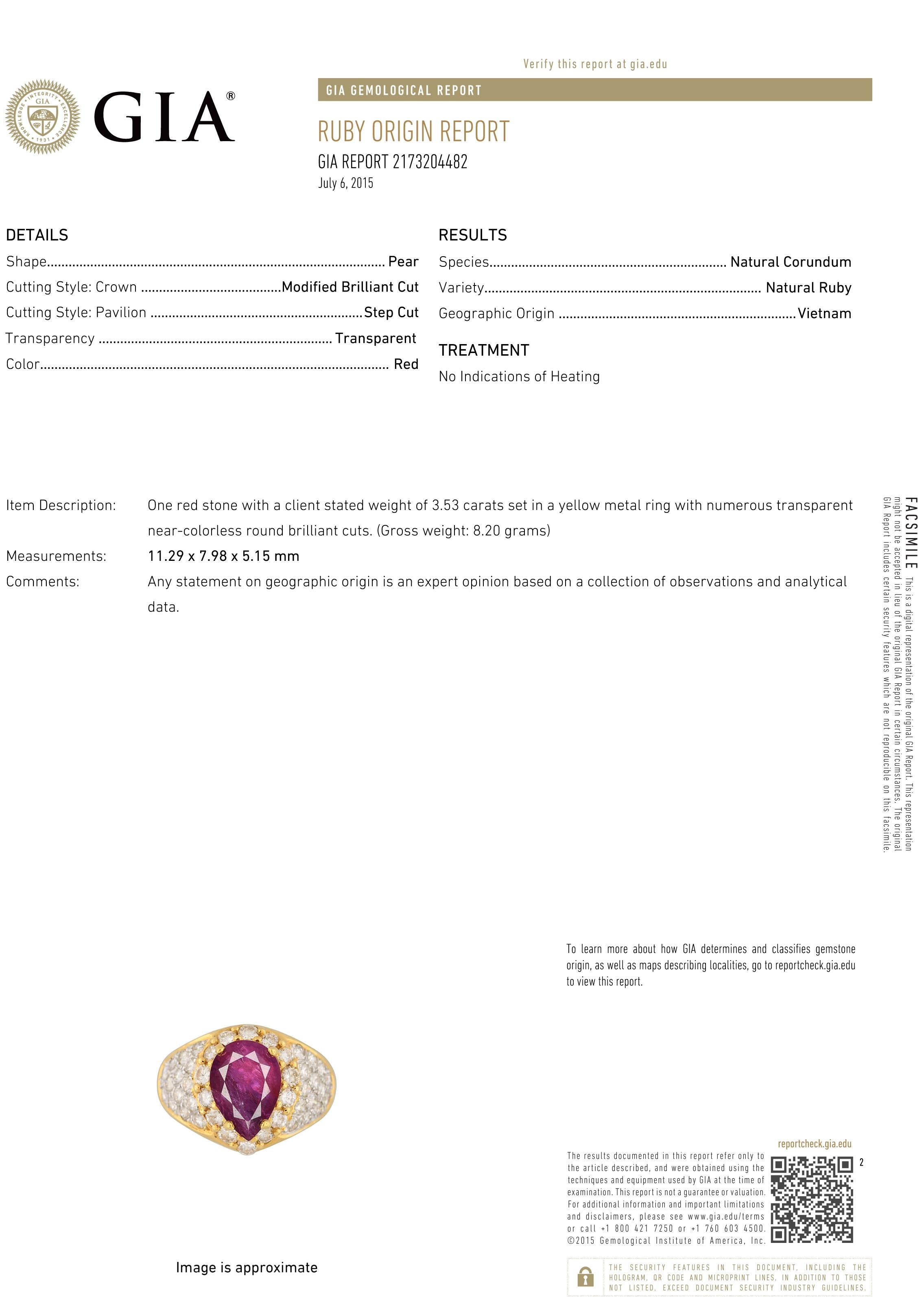 GIA Certified Natural Ruby Ring & Diamonds 18 karat Yellow Gold Pear Shape Ruby For Sale 4