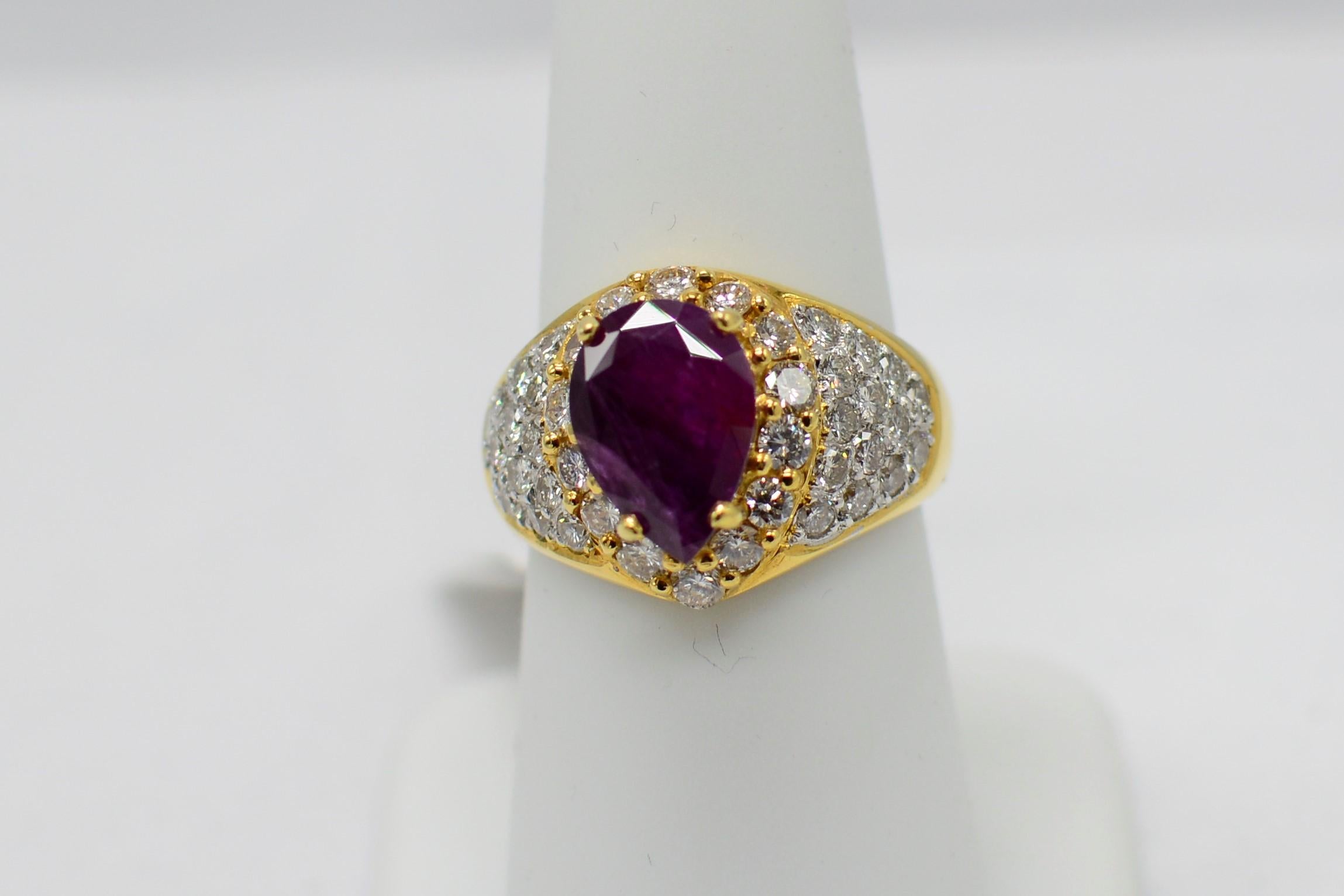GIA Certified Unheated Natural Ruby Ring.
Ruby weight 3.53 carat, Pear Shape, some visibale inclusion. 
Ruby color  pinkish -red  AA.
Surrounded with nice quality Diamonds 2.0 carat FG-VVS
18k Yellow gold 7.0 grams
Finger size - 7