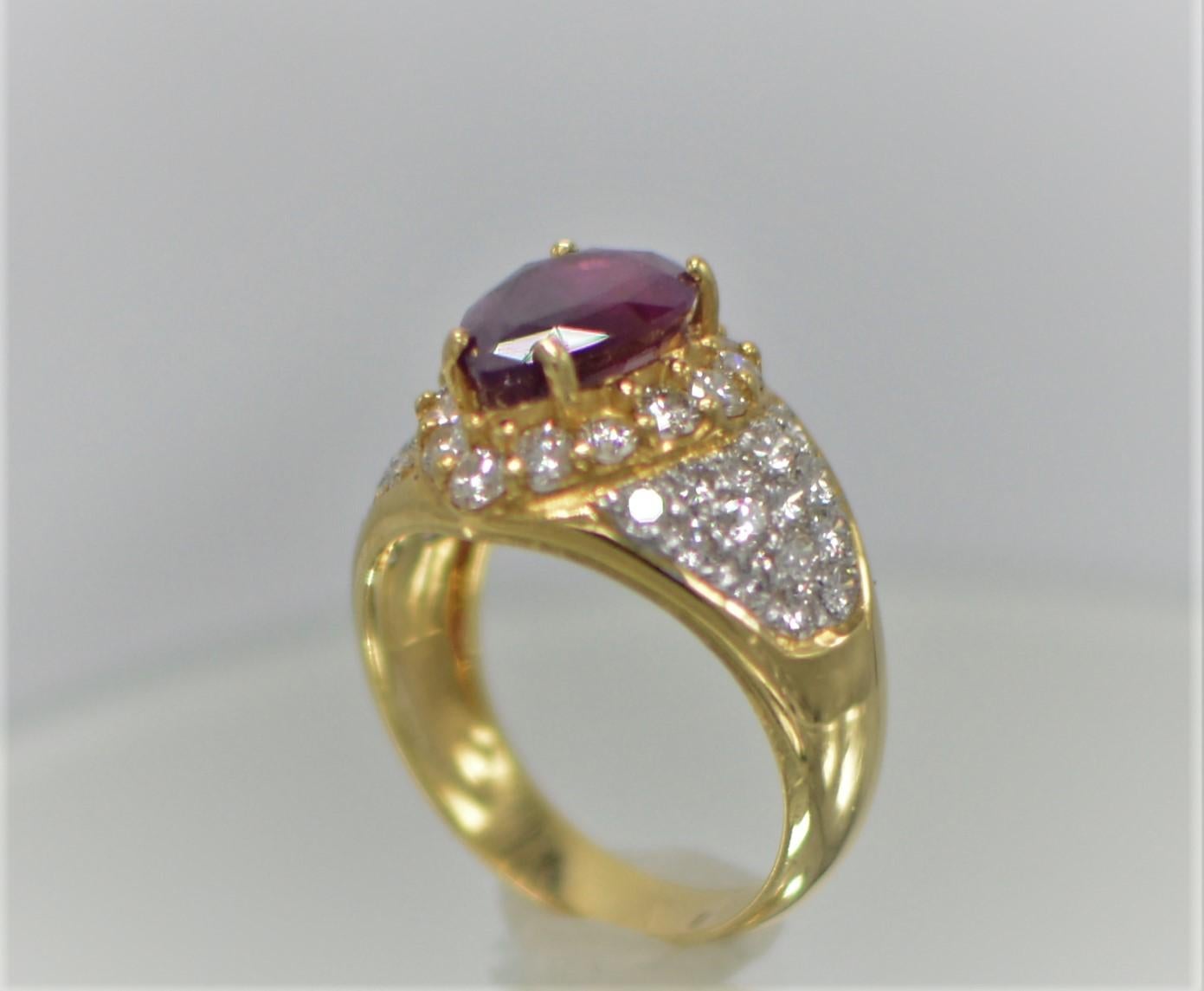 GIA Certified Natural Ruby Ring & Diamonds 18 karat Yellow Gold Pear Shape Ruby In New Condition For Sale In Brooklyn, NY
