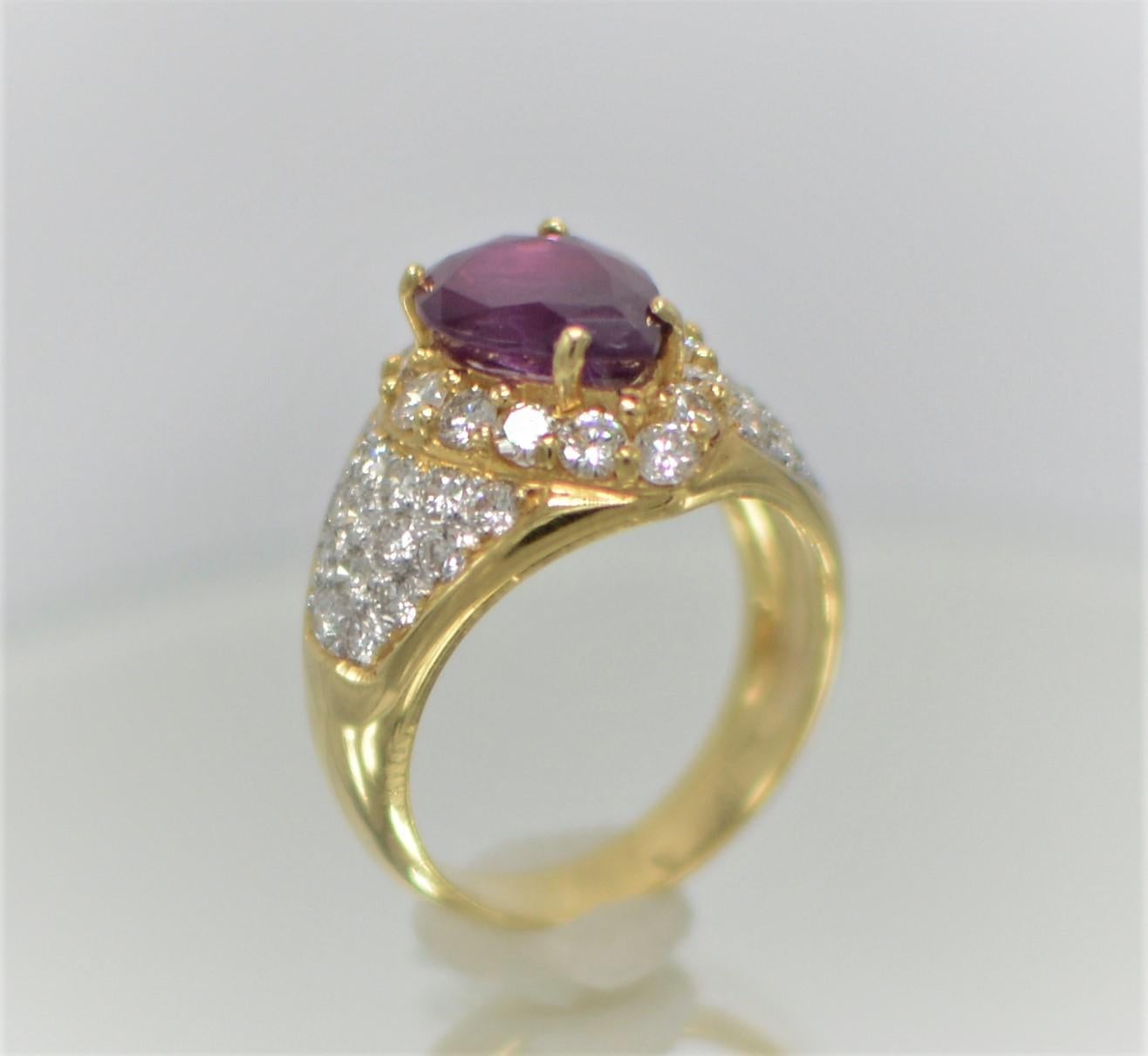 Women's GIA Certified Natural Ruby Ring & Diamonds 18 karat Yellow Gold Pear Shape Ruby For Sale