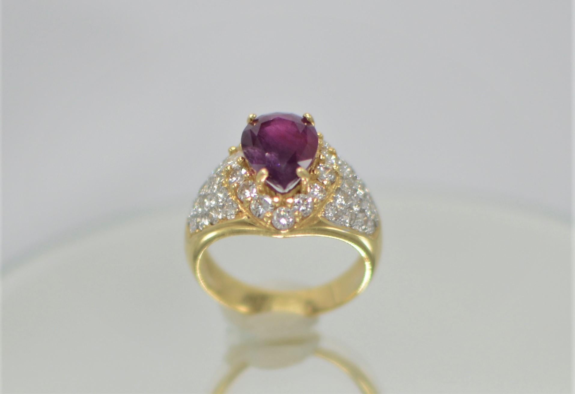 GIA Certified Natural Ruby Ring & Diamonds 18 karat Yellow Gold Pear Shape Ruby For Sale 1