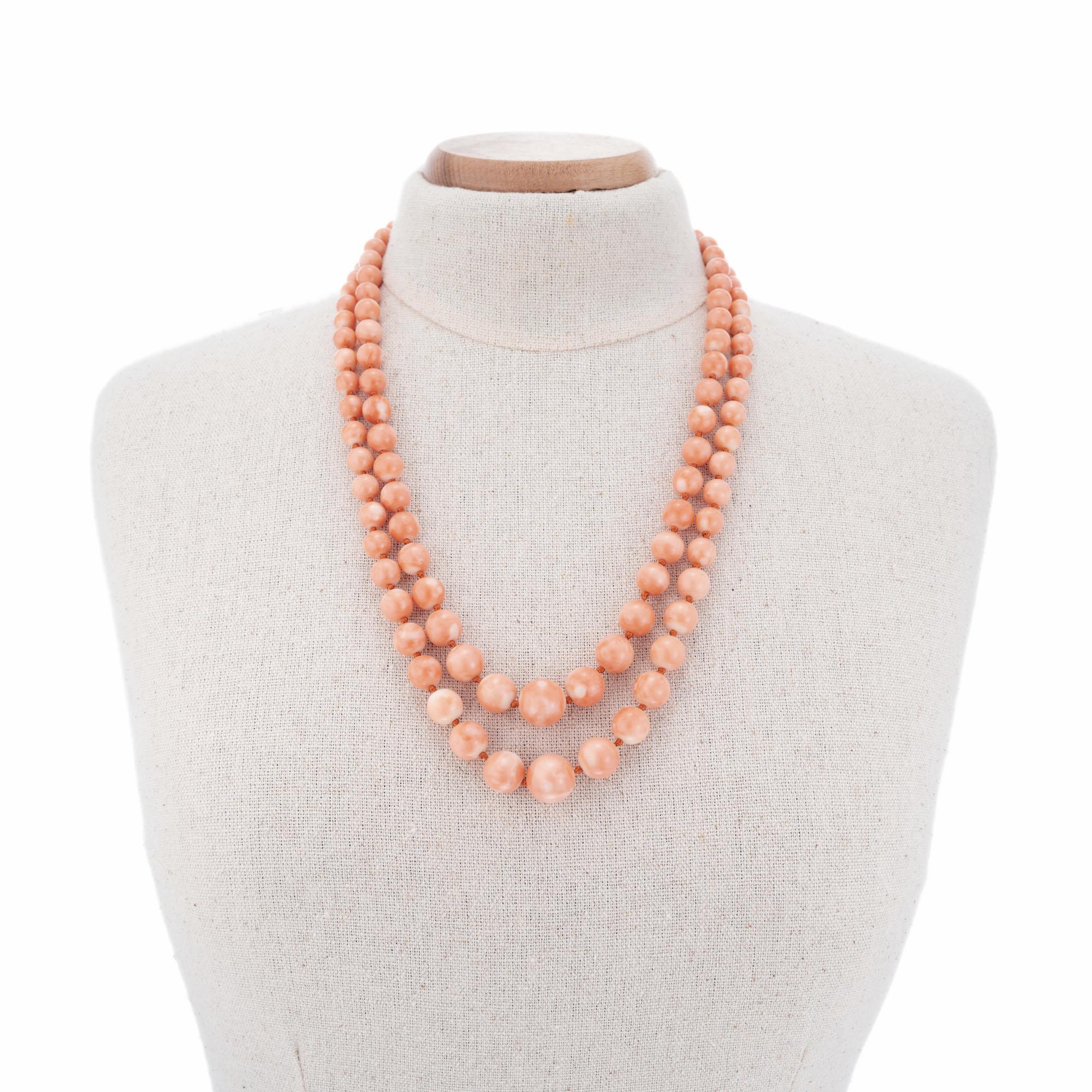 GIA Certified Natural Salmon Coral Yellow Gold Beaded Multi-Strand ...