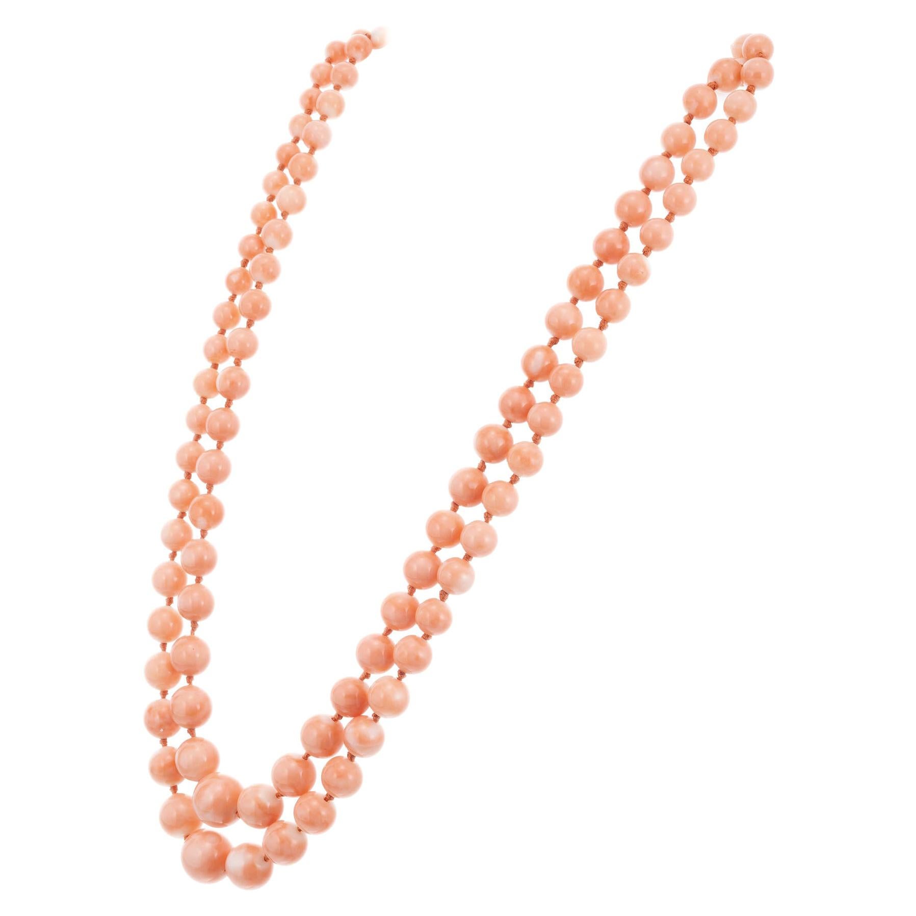 GIA Certified Natural Salmon Coral Yellow Gold Beaded Multi-Strand Necklace For Sale