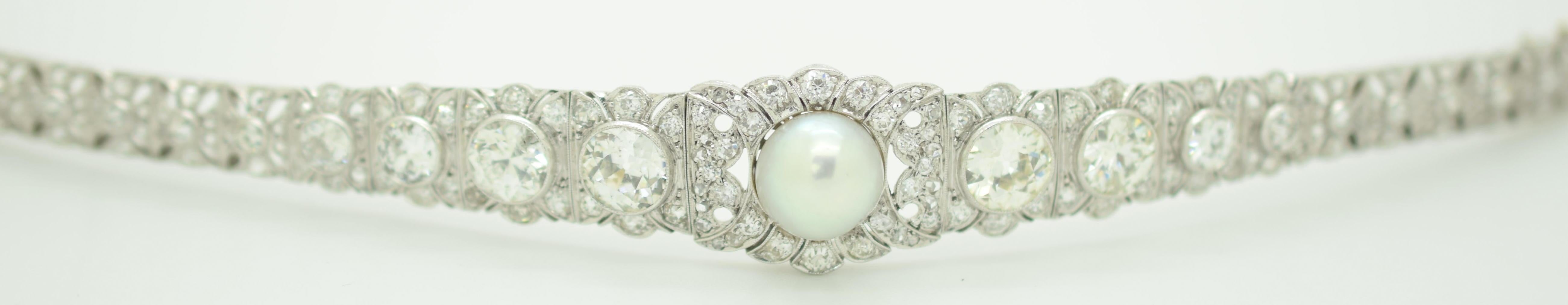 GIA Natural Pearl and Diamond Art Deco Bracelet.  The GIA report number is 2185523699. This bracelet is spectacular, the focal point of the bracelet is found front and center. One natural Salt Water Pearl measuring 10.31 x 10.01 mm. The pearl is