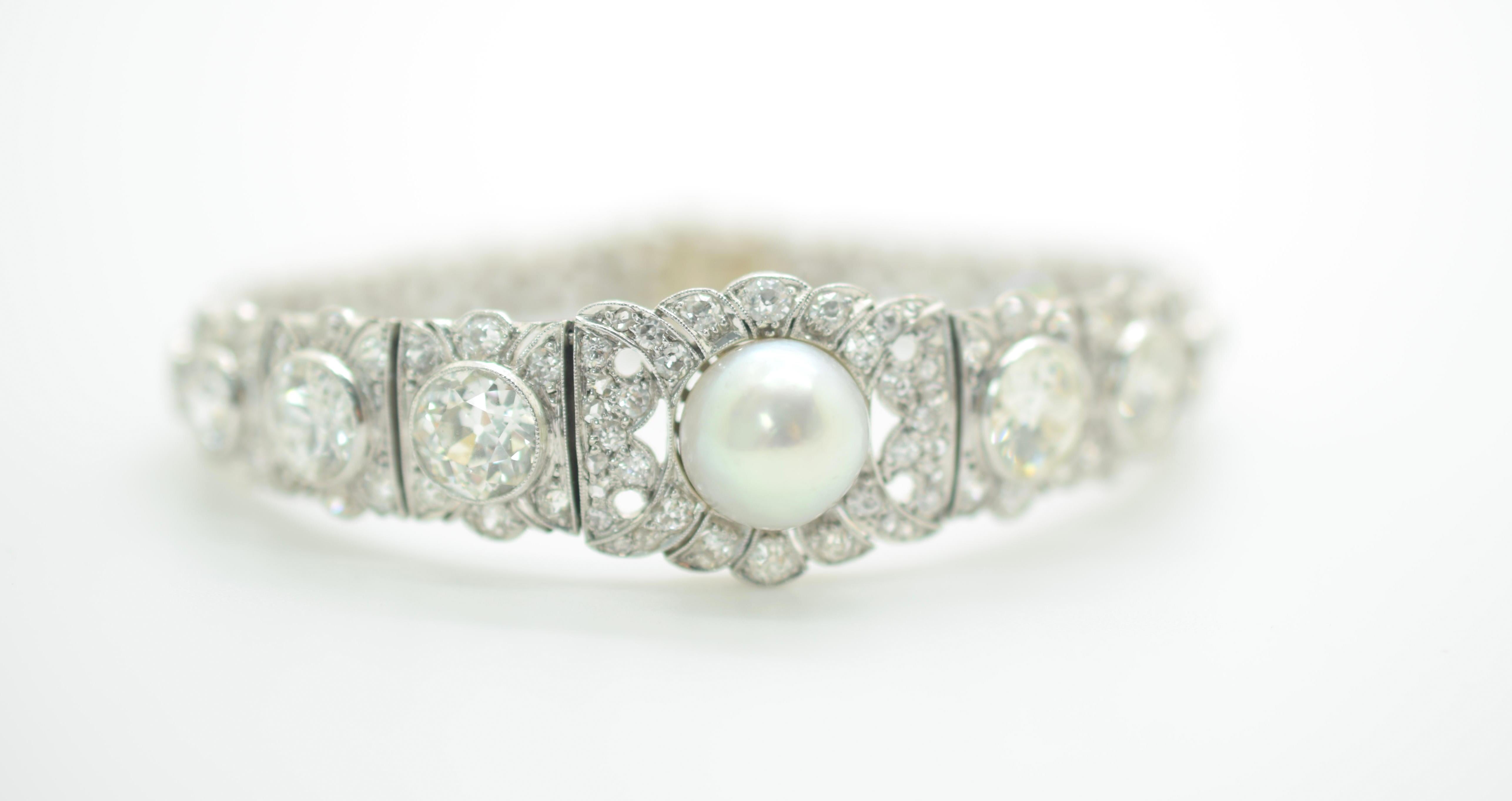 Old European Cut Gia Certified Natural Salt Water Pearl and Diamond Bracelet Art Deco 10.00 Carat